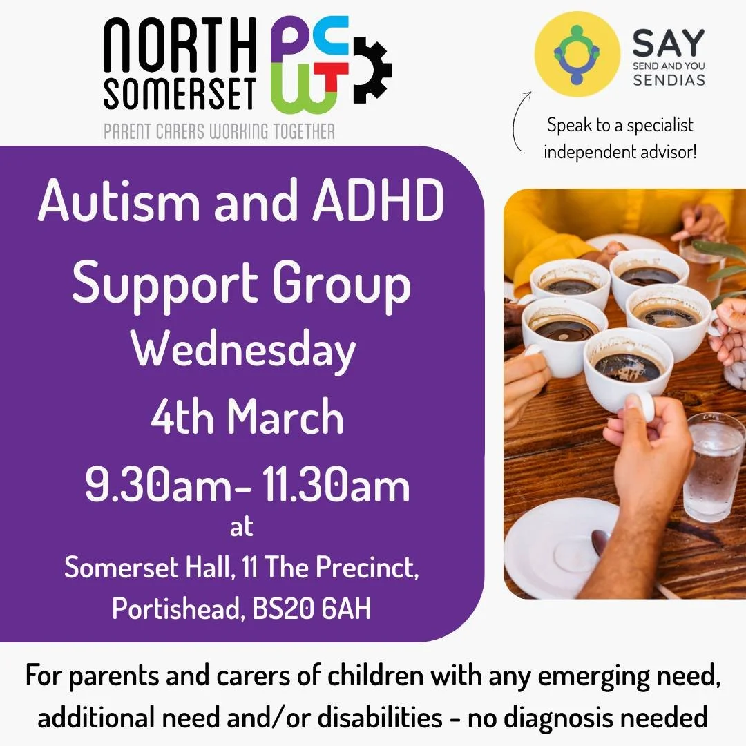 Join us at Somerset Hall in Portishead on the first Wednesday of every month 🏠☕

We're here to offer a listening ear 👂, peer support, and signposting to local services.

This month we are joined by

✨ SEND and You - SAY - SAY they are the SENDIAS (