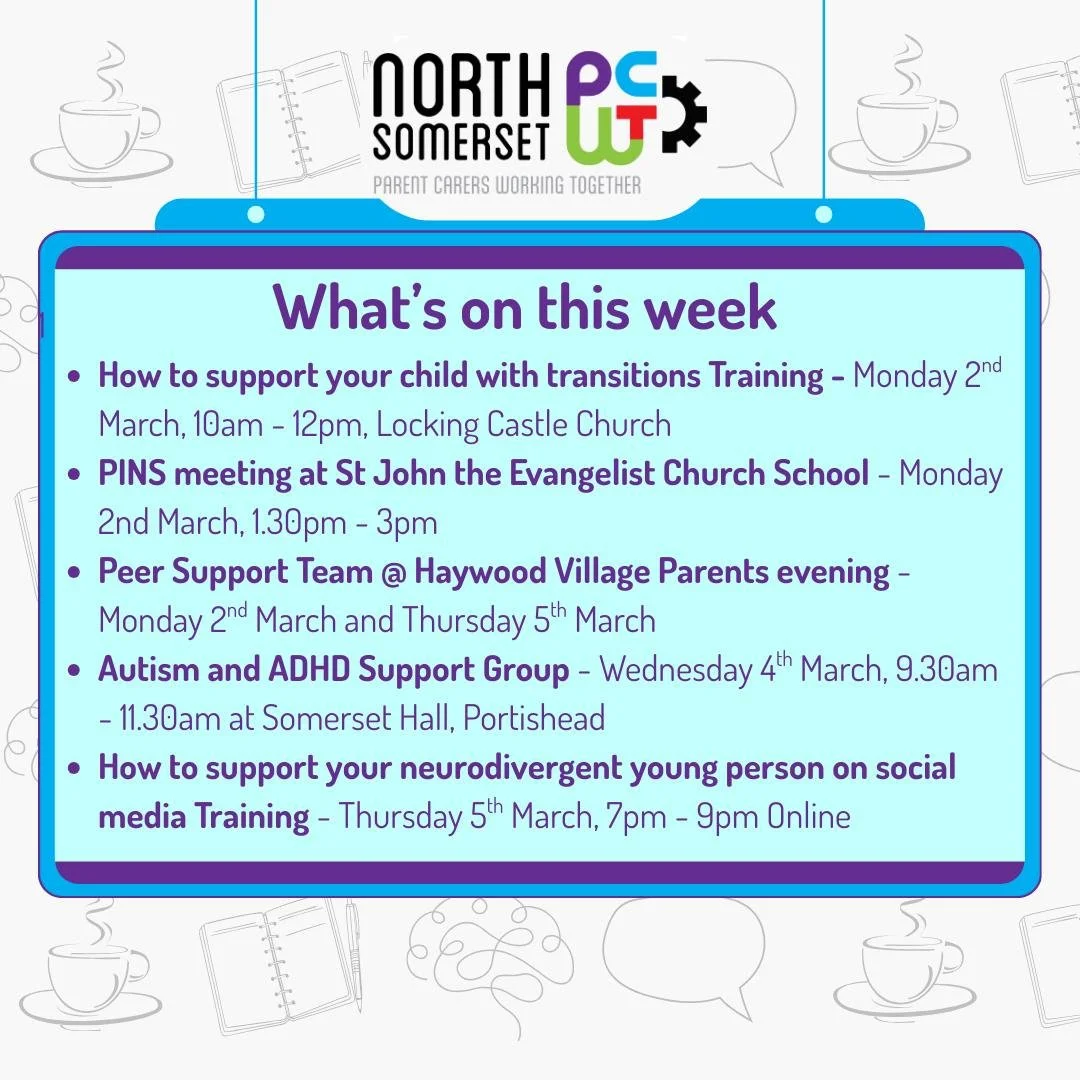👀🤩🗓️ Here&rsquo;s what&rsquo;s coming up in the week ahead&hellip;

☕ Peer Support meetings are relaxed drop-in sessions &mdash; no booking needed!
(Please note: If held at a school, sessions are for parent carers with children attending that scho