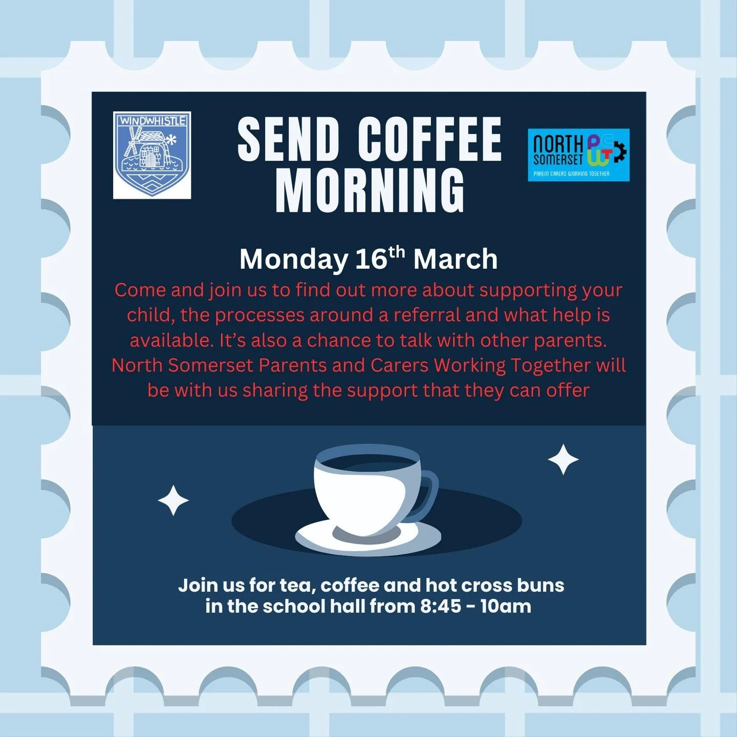 We&rsquo;re delighted that our Peer Support Team has been invited to a SEND coffee morning at Windwhistle Primary School ☕

If your child attends the school and you&rsquo;d like a chat, sign posting, or a little extra support, please do pop in and se