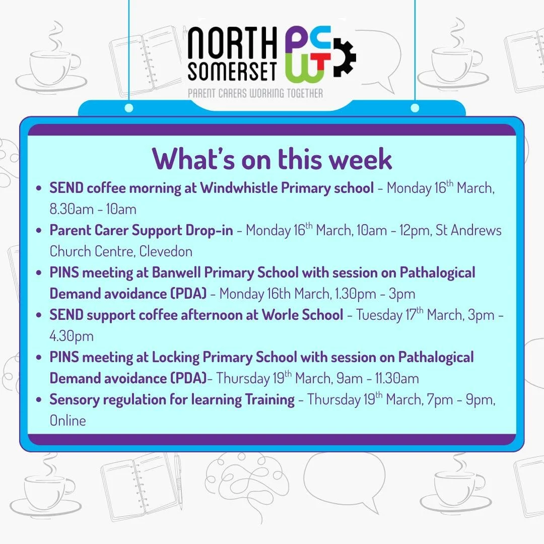 👀🤩🗓️ Here&rsquo;s what&rsquo;s coming up in the week ahead&hellip;

☕ Peer Support meetings are relaxed drop-in sessions &mdash; no booking needed!
(Please note: If held at a school, sessions are for parent carers with children attending that scho
