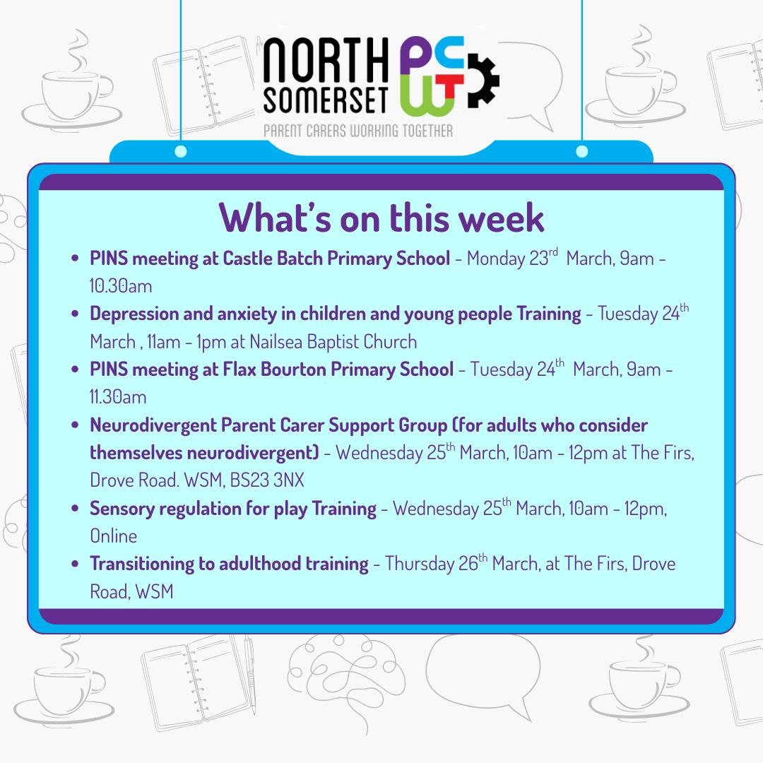 👀🤩🗓️ Here&rsquo;s what&rsquo;s coming up in the week ahead&hellip;

☕ Peer Support meetings are relaxed drop-in sessions &mdash; no booking needed!
(Please note: If held at a school, sessions are for parent carers with children attending that scho