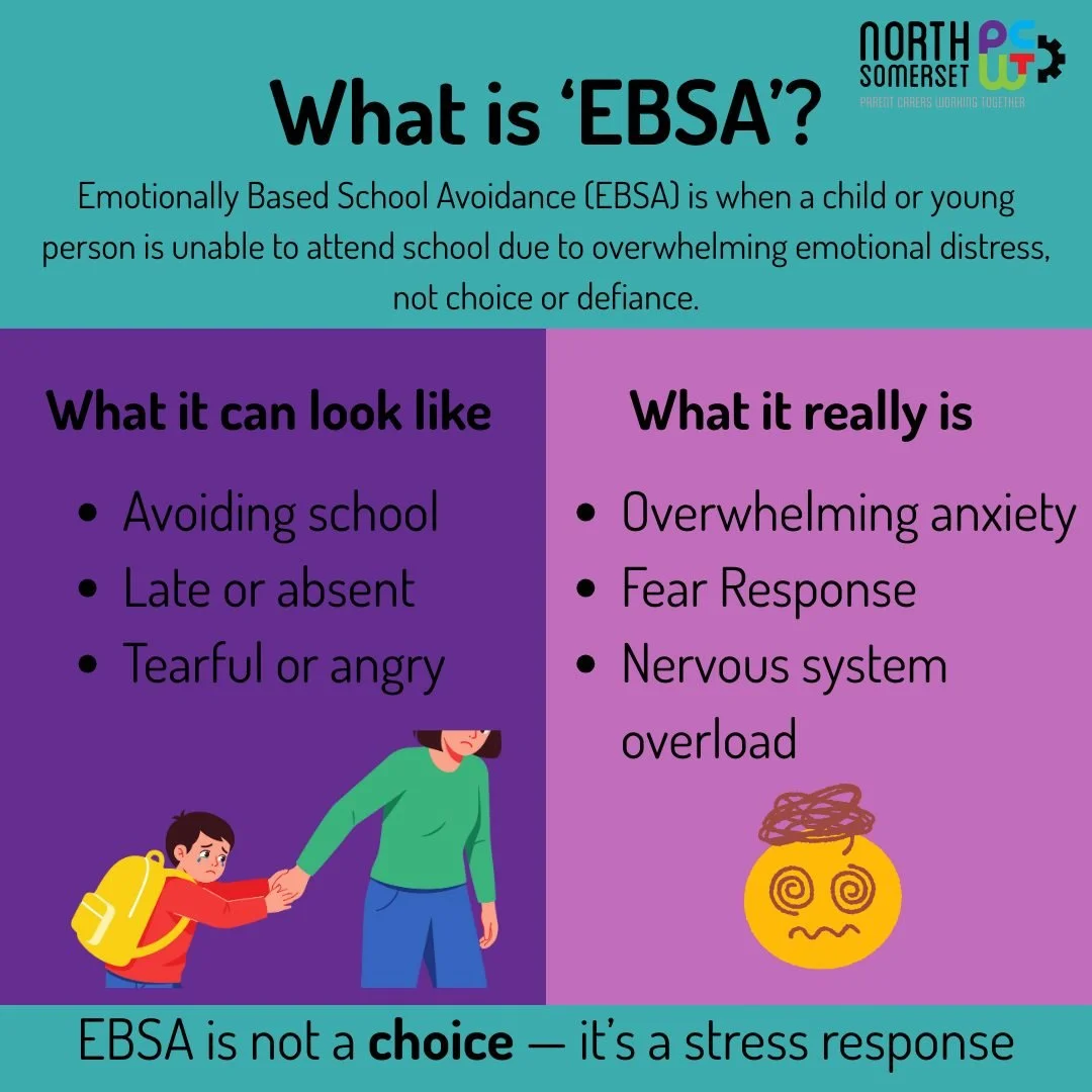 Struggling with Emotionally Based School Avoidance (EBSA)? You are not alone💜

 Join our Peer Support session to connect with others who understand, and find out what support is available to you 🫂🤝

 'EBSA' Support Drop-in session
📍The Firs, Drov