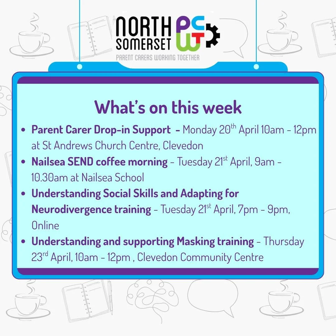 👀🤩🗓️ Here&rsquo;s what&rsquo;s coming up in the week ahead&hellip;

☕ Peer Support meetings are relaxed drop-in sessions &mdash; no booking needed!
(Please note: If held at a school, sessions are for parent carers with children attending that scho