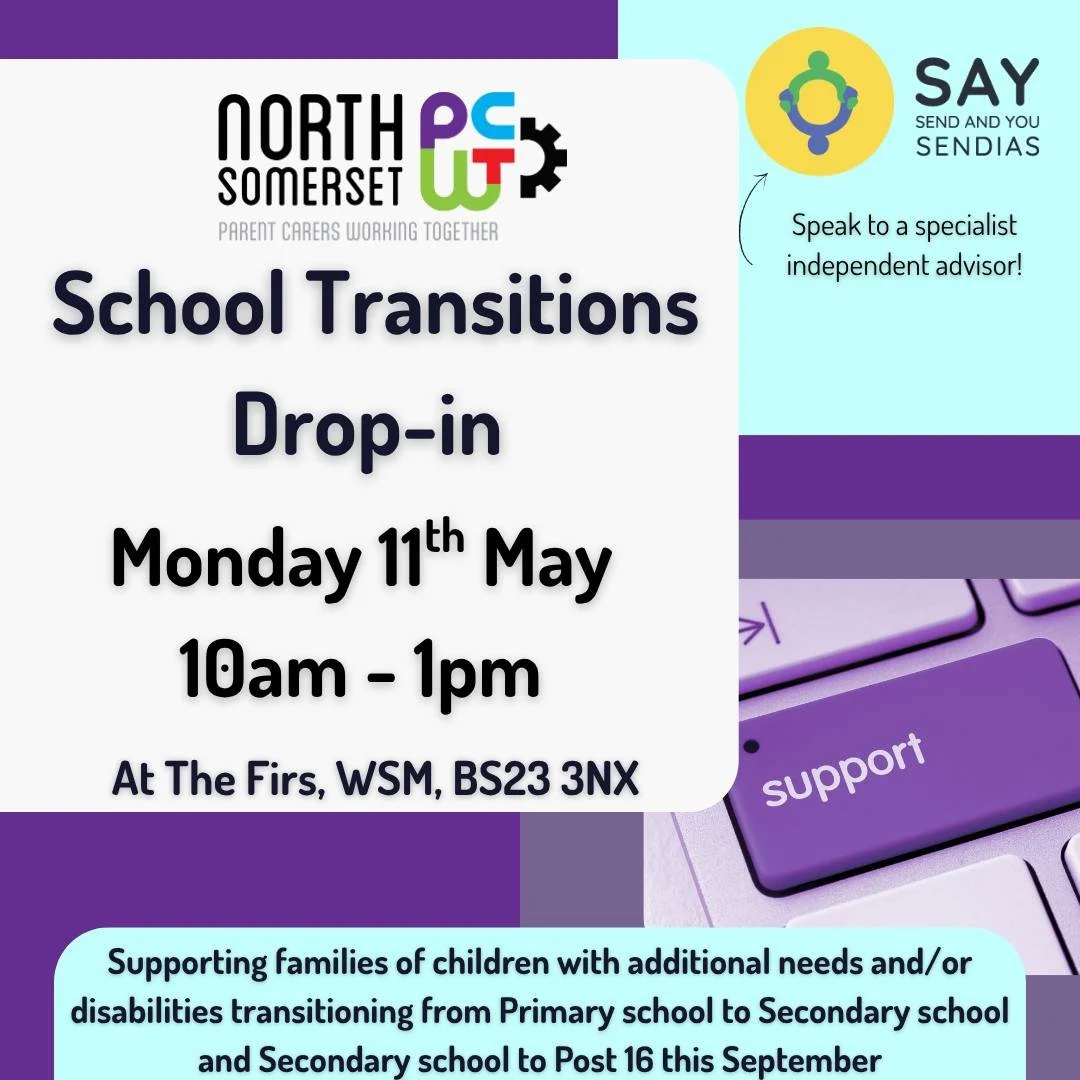 ✨ Drop-In: Transitions Support ✨

Supporting your child through big changes like Primary &rarr; Secondary or Post-16? You&rsquo;re not alone 🫂

Join us,  North Somerset Parent Carers Working Together (NSPCWT) for a relaxed drop-in session where you 