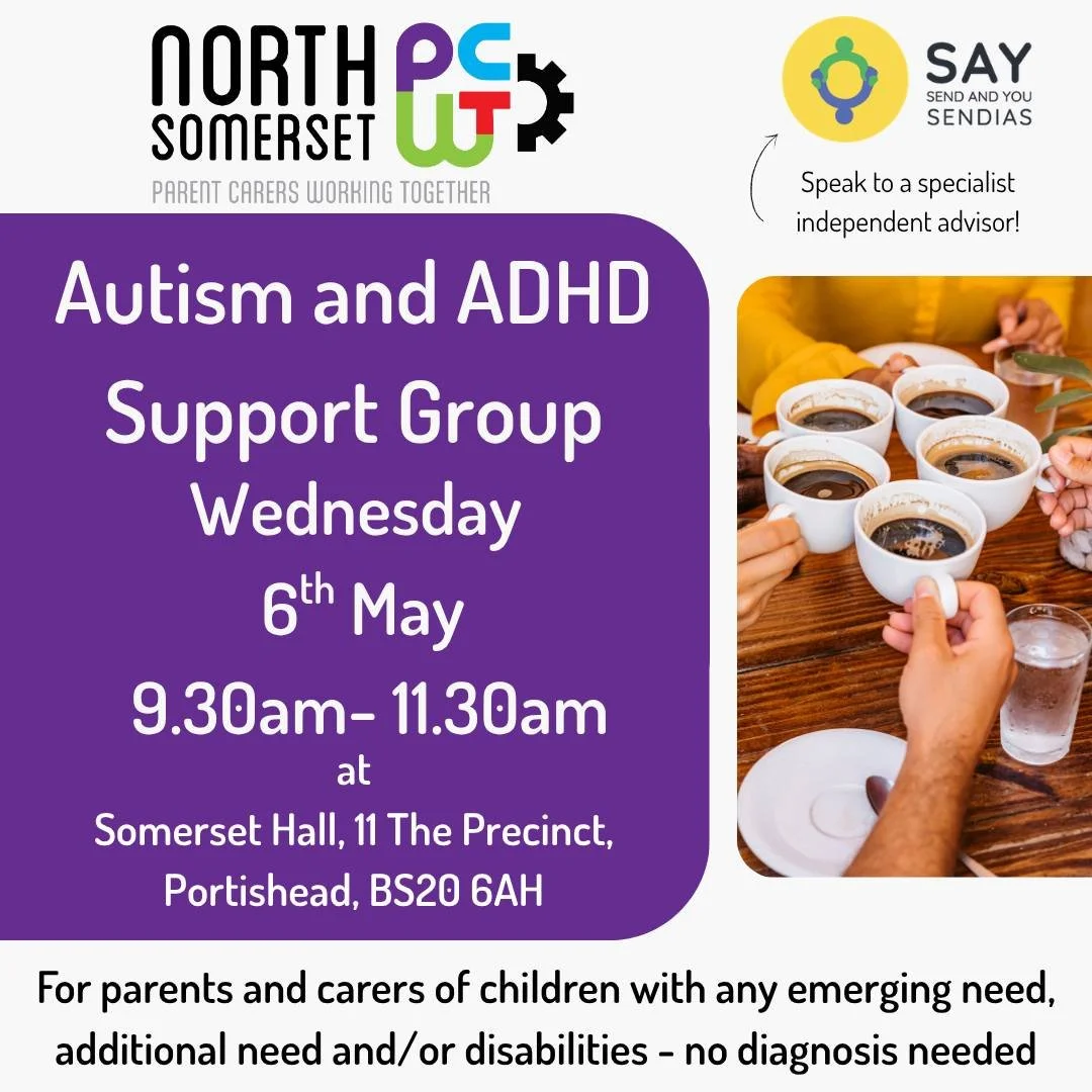 Join us at Somerset Hall in Portishead on the first Wednesday of every month 🏠☕

We're here to offer a listening ear 👂, peer support, and signposting to local services.

This month we are joined by

✨ SEND and You - SAY - they are the SENDIAS (Spec