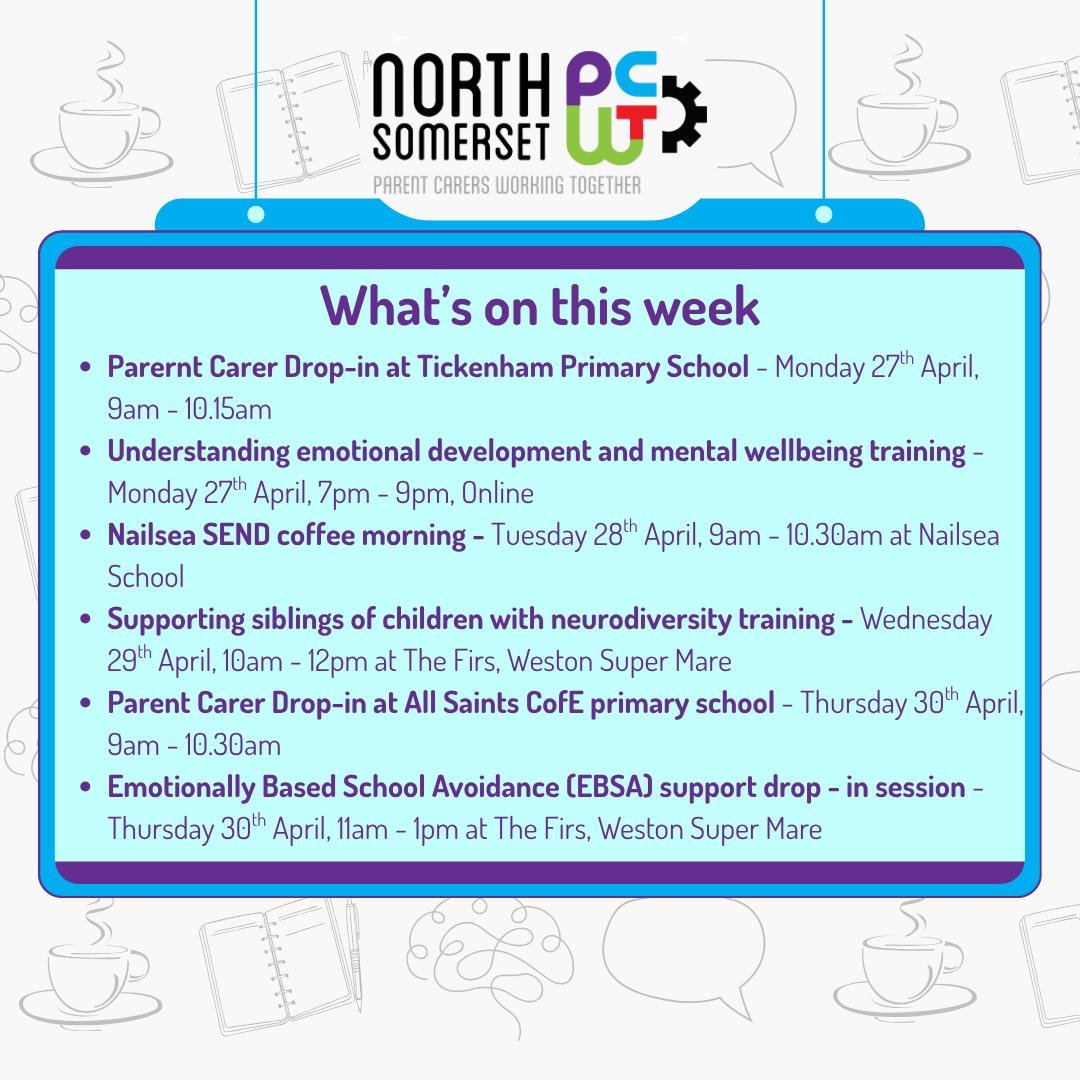👀🤩🗓️ Here&rsquo;s what&rsquo;s coming up in the week ahead&hellip;

☕ Peer Support meetings are relaxed drop-in sessions &mdash; no booking needed!
(Please note: If held at a school, sessions are for parent carers with children attending that scho