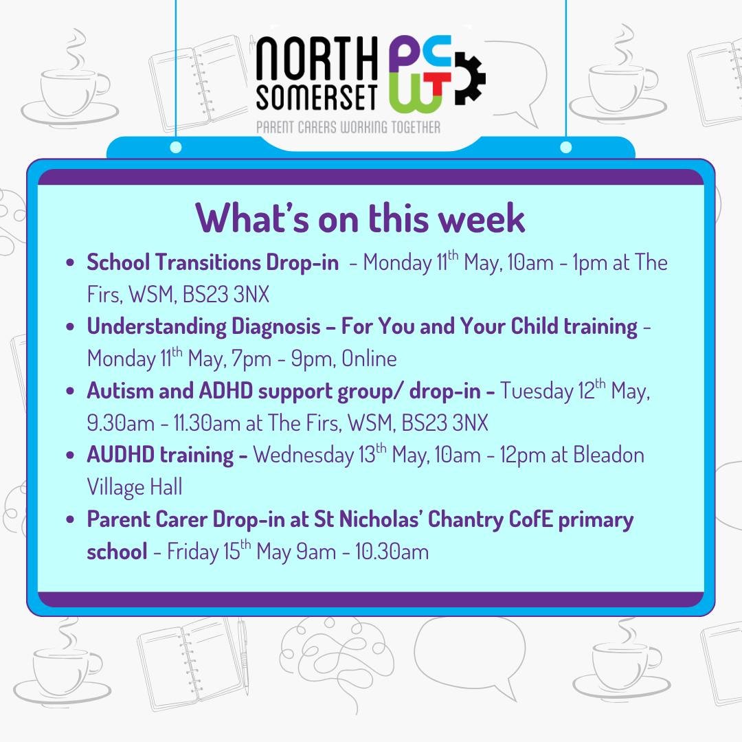 👀🤩🗓️ Here&rsquo;s what&rsquo;s coming up in the week ahead&hellip;

☕ Peer Support meetings are relaxed drop-in sessions &mdash; no booking needed!
(Please note: If held at a school, sessions are for parent carers with children attending that scho