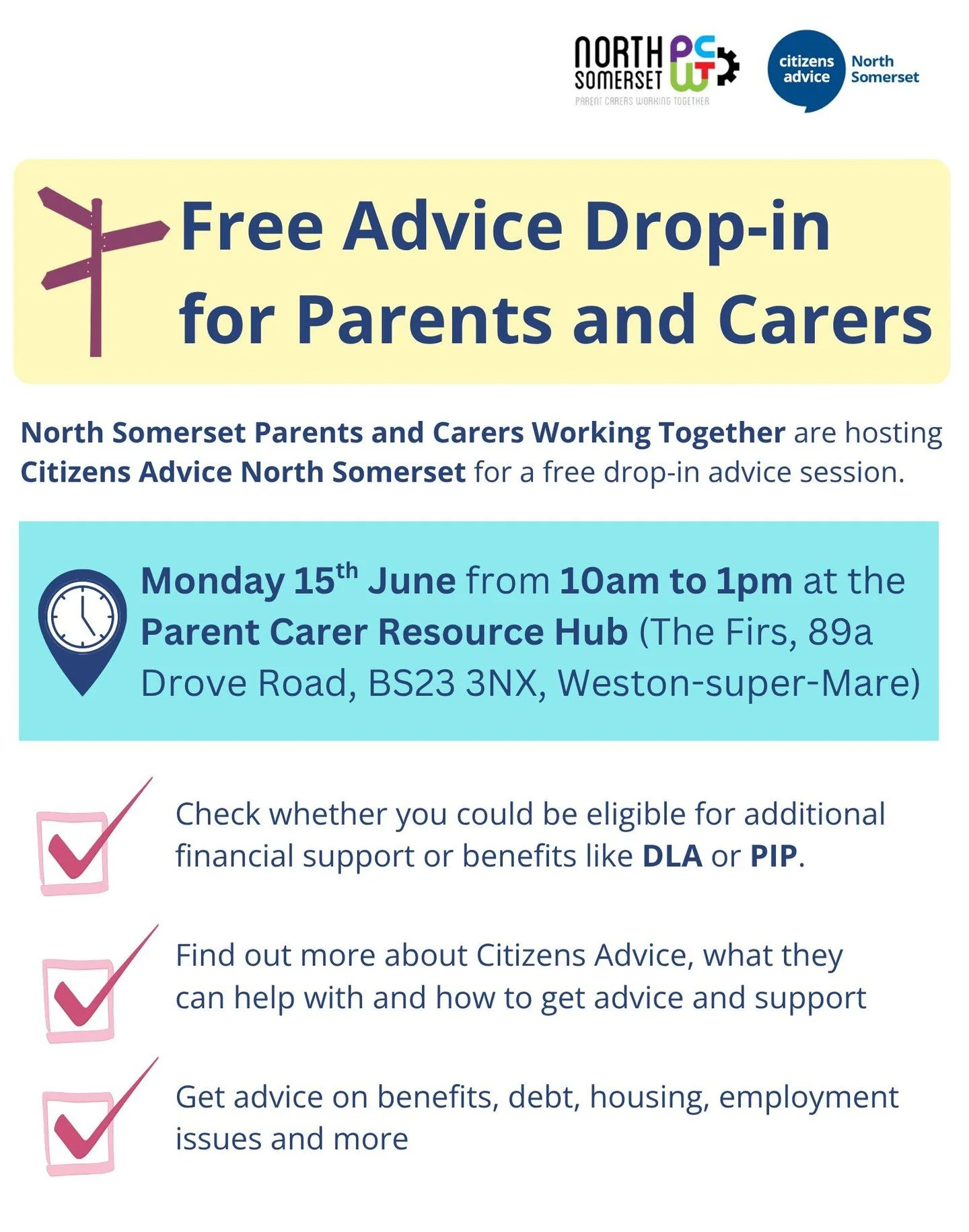 💬 Need advice or support? We&rsquo;re here to help.

North Somerset Parents and Carers Working Together are teaming up with Citizens Advice North Somerset to offer a FREE drop-in advice session for parents and carers.

📅 Monday 15th June
🕙 10am &n