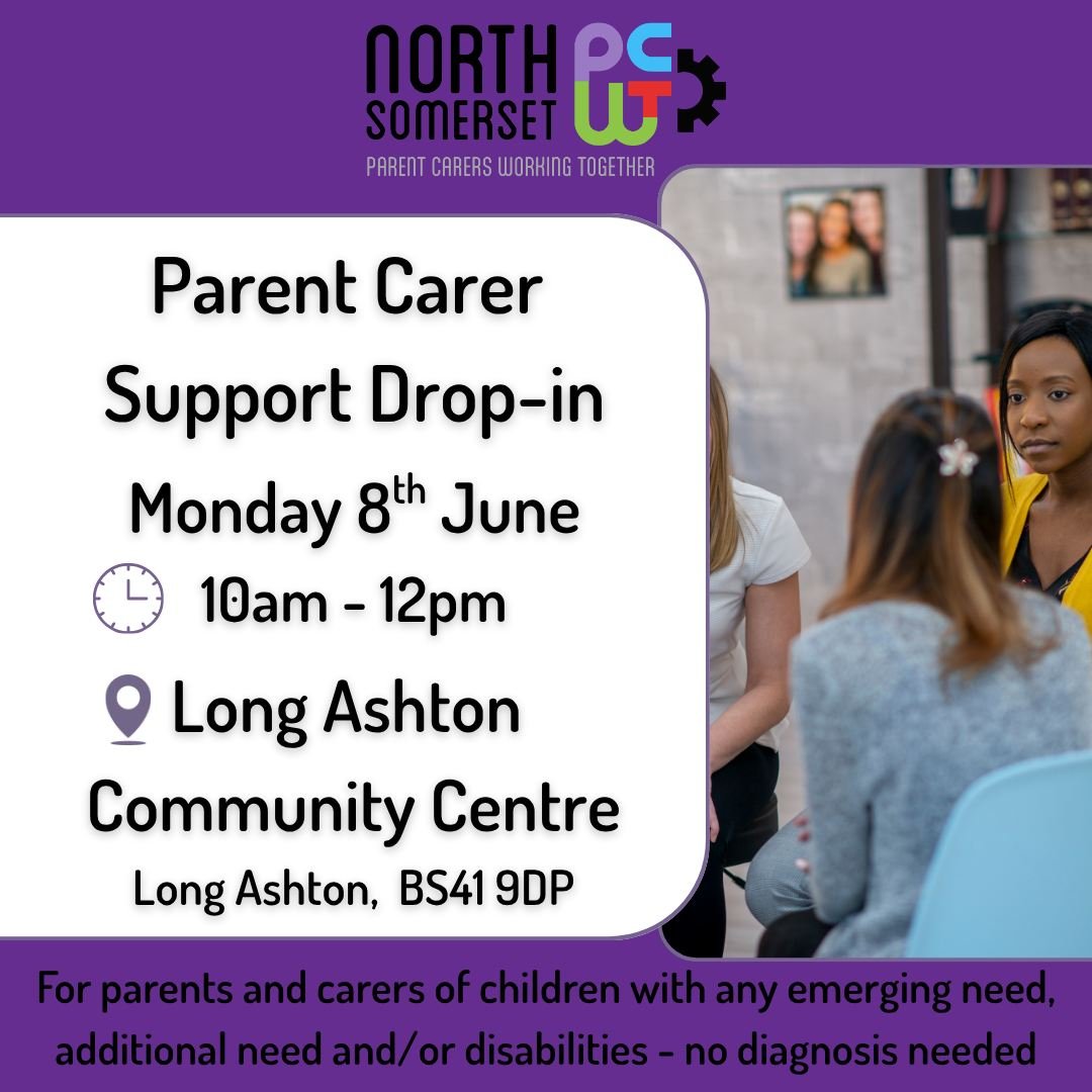 ☕💜 Parent Carer Drop-In &ndash; Long Ashton 💜☕

Pop in for a cuppa, a chat and support from our friendly team.

Whether you're looking for advice, signposting, or simply a chance to connect with other parent carers, we're here to help.

🌟 No diagn