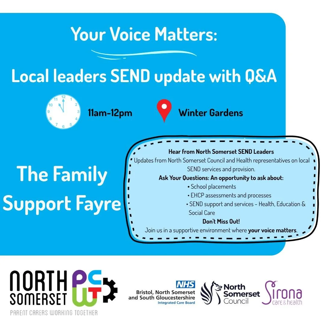 ⭐The Family Support Fayre⭐
🗞️Meet &amp; Talk with Your Local Leaders🗞️

This is a brilliant opportunity to meet with:
👉Mandy Bishop - Chief Executive, North Somerset Council
👉Shane Devlin - Chief Executive, BNSSG* Integrated Care Board (Commissio