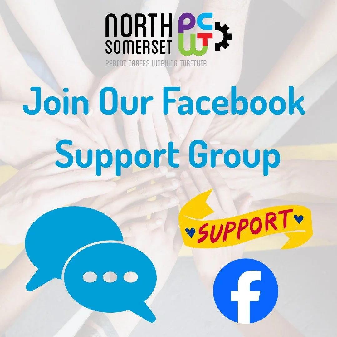 Are you a Parent Carer in North Somerset?

Our NSPCWT Parent Carer Support Group on Facebook is always here for you! 🤝 It's a fantastic place to ask questions, share experiences, and connect with other parent carers for support.

To join, simply sea