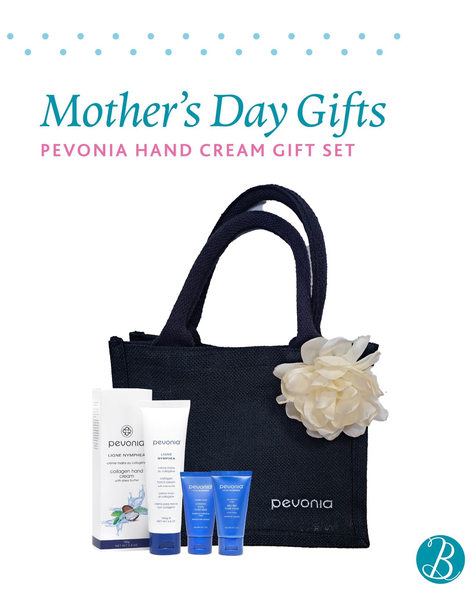 Mother&rsquo;s Day Gifts

With every Pevonia Hand Cream purchased we are giving away a Pevonia Silky Skin Body Scrub 30ml and Pevonia Preserve Body Moisturiser 30ml in a natural fibre reusable gift bag (priced at &pound;43.10). Purchase in salon only