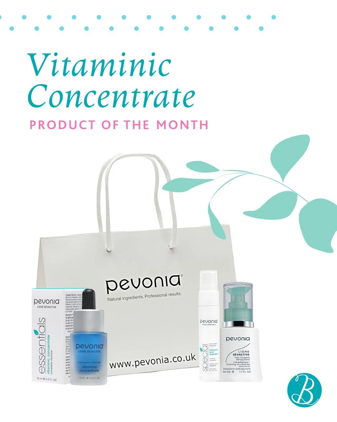 Product of the Month - Pevonia Vitaminic Concentrate

Throughout October, purchase a Pevonia Vitaminic Concentrate (15ml) and receive a travel size CleanRefresh Foaming Oil Cleanser (50ml) and Hyaluronic Acid HydraMist (20ml).

Purchase this offer in