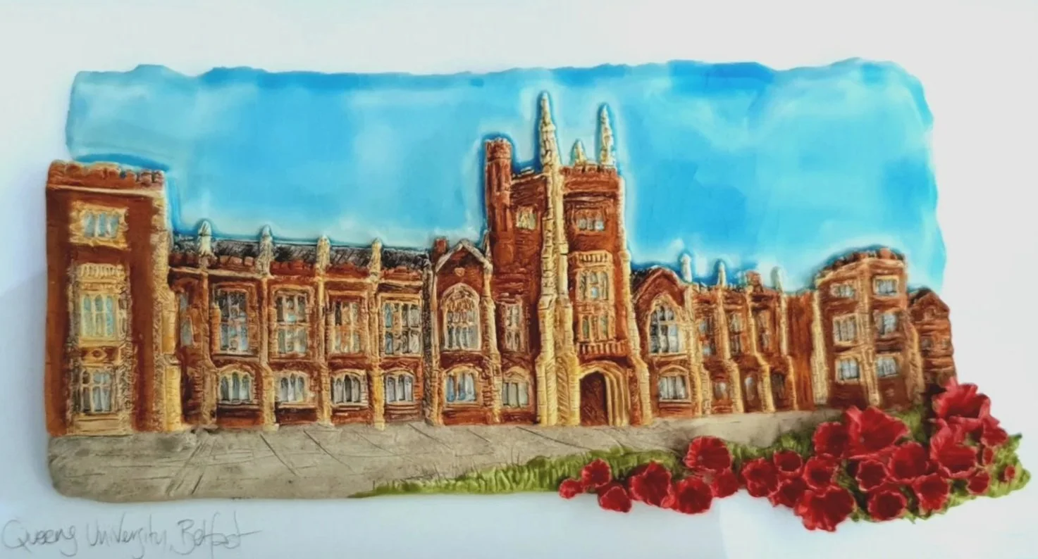 Bespoke Queens University Belfast with red flower detail. 16x7.5in frame