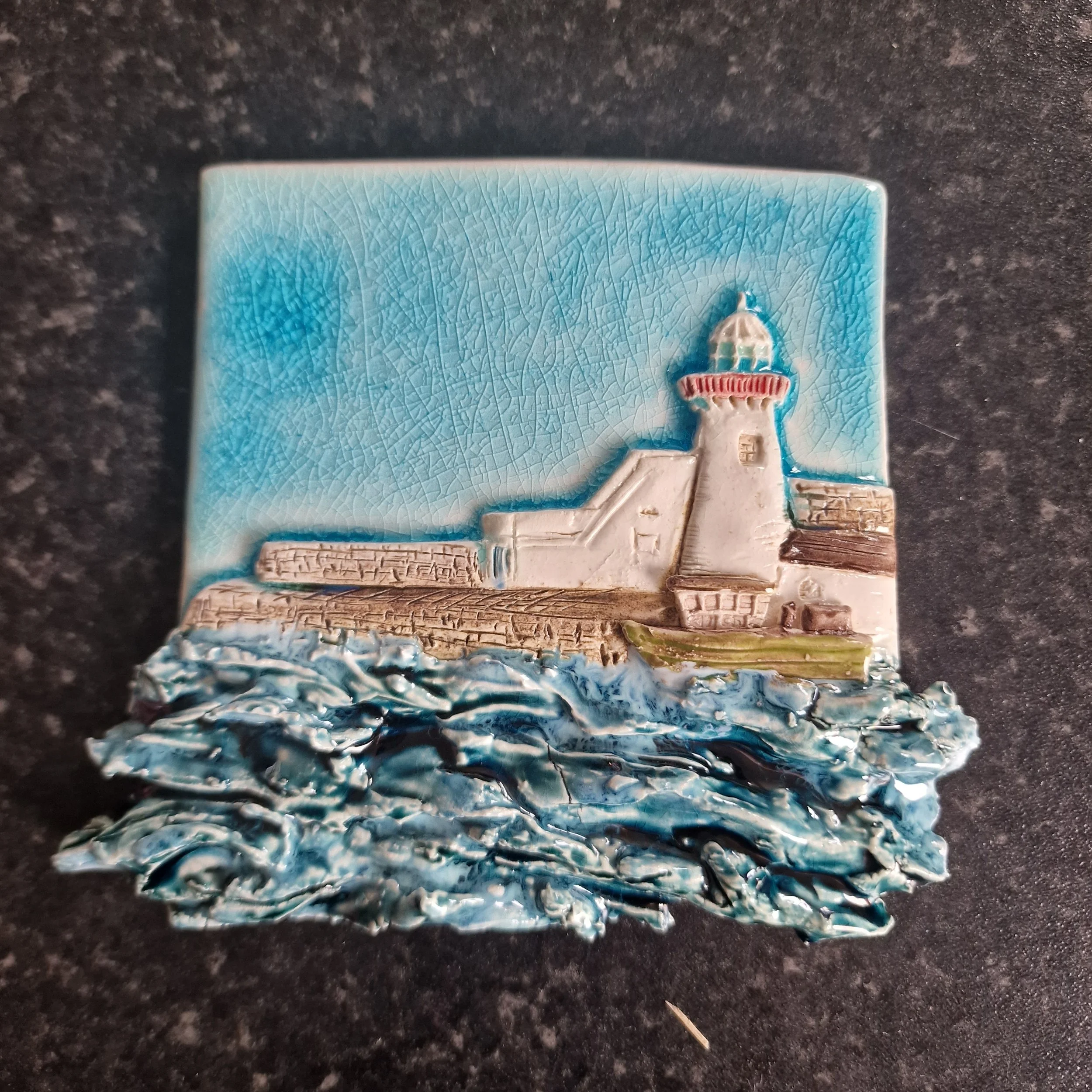 Pier and Lighthouse with rough sea 9x9in frame