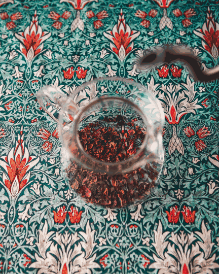 Clear glass cup with tea on a patterned fabric surface with a small, dark-colored pet, possibly a cat, nearby.