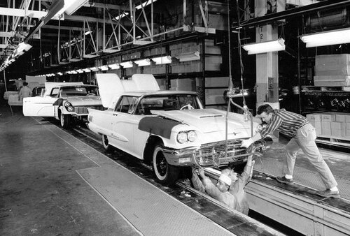 (photo source unknown)Ford Thunderbird (pictured) at Detroit car plant, 1959