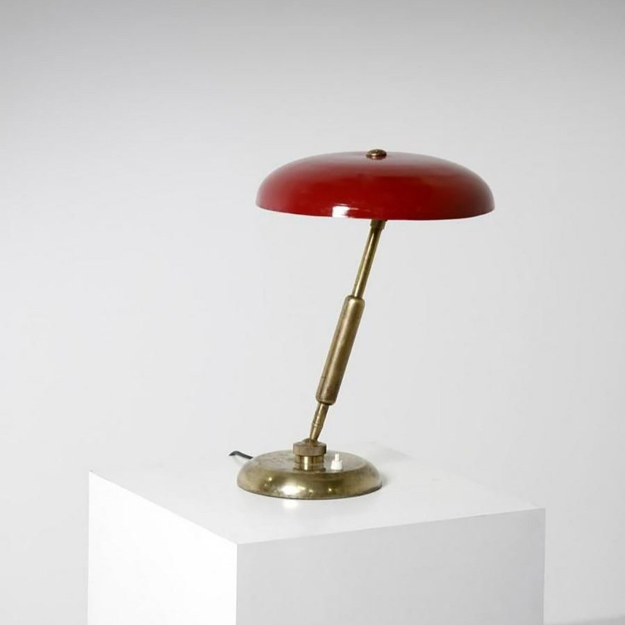 Italian Design: Oscar Torlasco Brass Articulating Table Lamp with Red Shade  — Katch Interiors