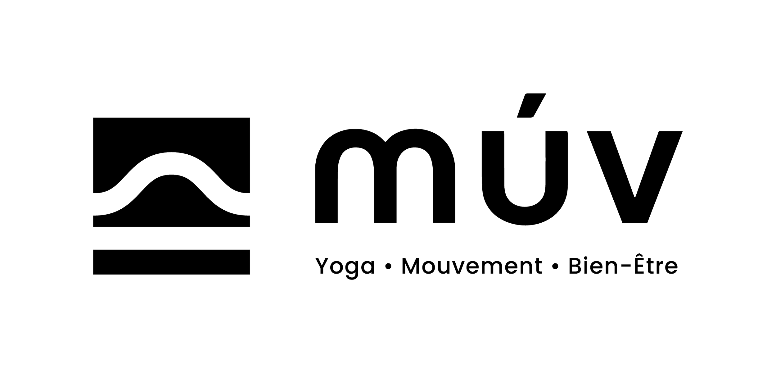 Logo for mUV, a wellness brand, with a stylized sun and wave icon, and the words Yoga, Movement, Bien-être below.