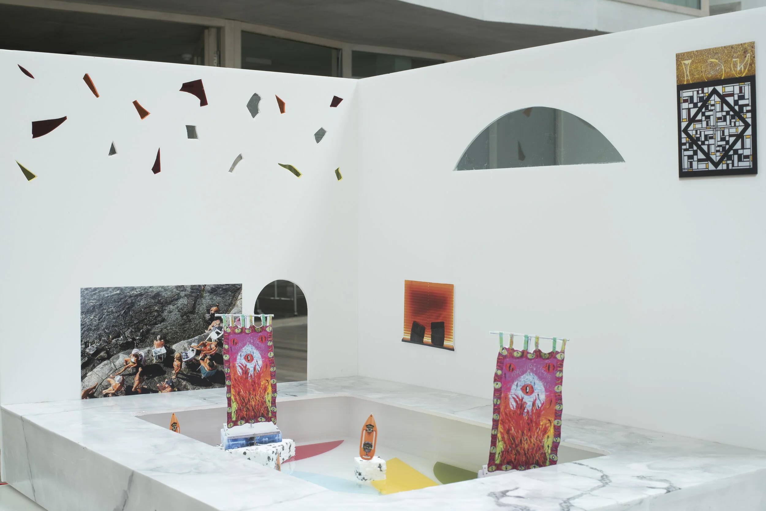 Lauren Godfrey's model, Left to right: Morgan Markey Sun Bath (2019), photograph, original size 43 x 70cm, Sophie Goodchild Reheating the Soufflé (2020), hand felted lambswool, original size 215cm x 121cm Cyrus Shroff Three Vessels (2020), oil on pan