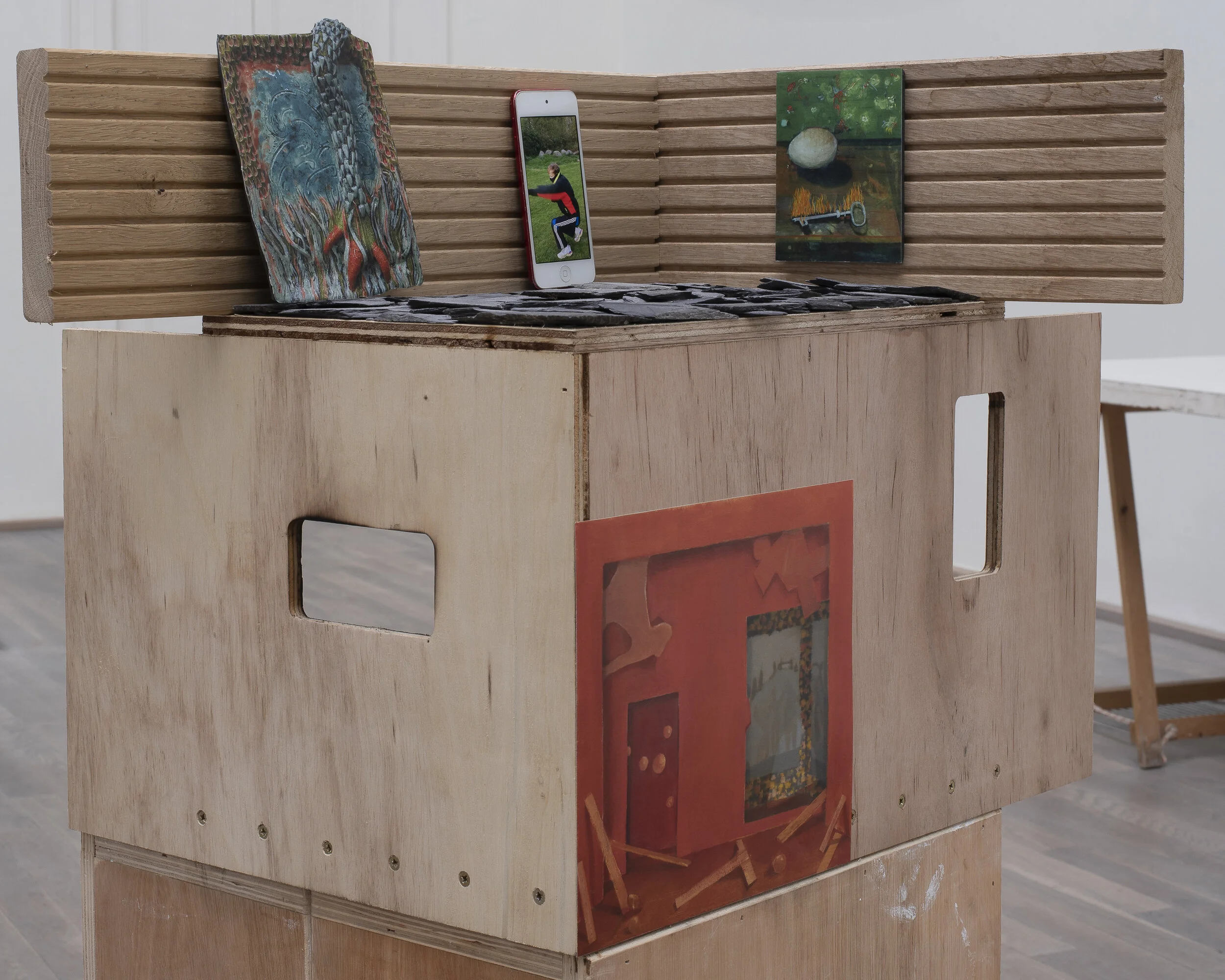 Mitre & Monday’s model, Left to right: Sophie Goodchild, Come lay down your aching limb (2019), ceramic, original size 30 x 21cm, Worrier Will (Will Stockwell + Christian Wright), Ffion Reed Fallopius (2020), oil on canvas, original size 12 x 10in & 