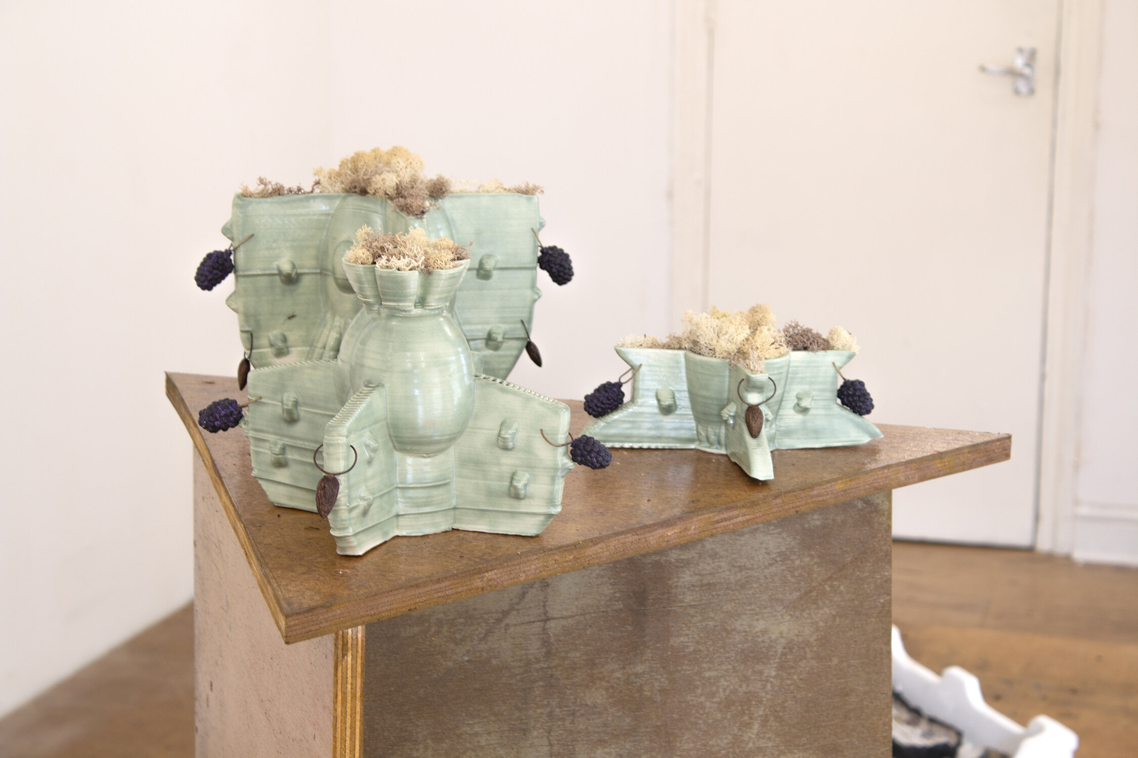 Bellarmine’s Hereafter, 3d printed porcelain, glaze, bronze, moss,
dimensions variable, 2021, Sophie Goodchild