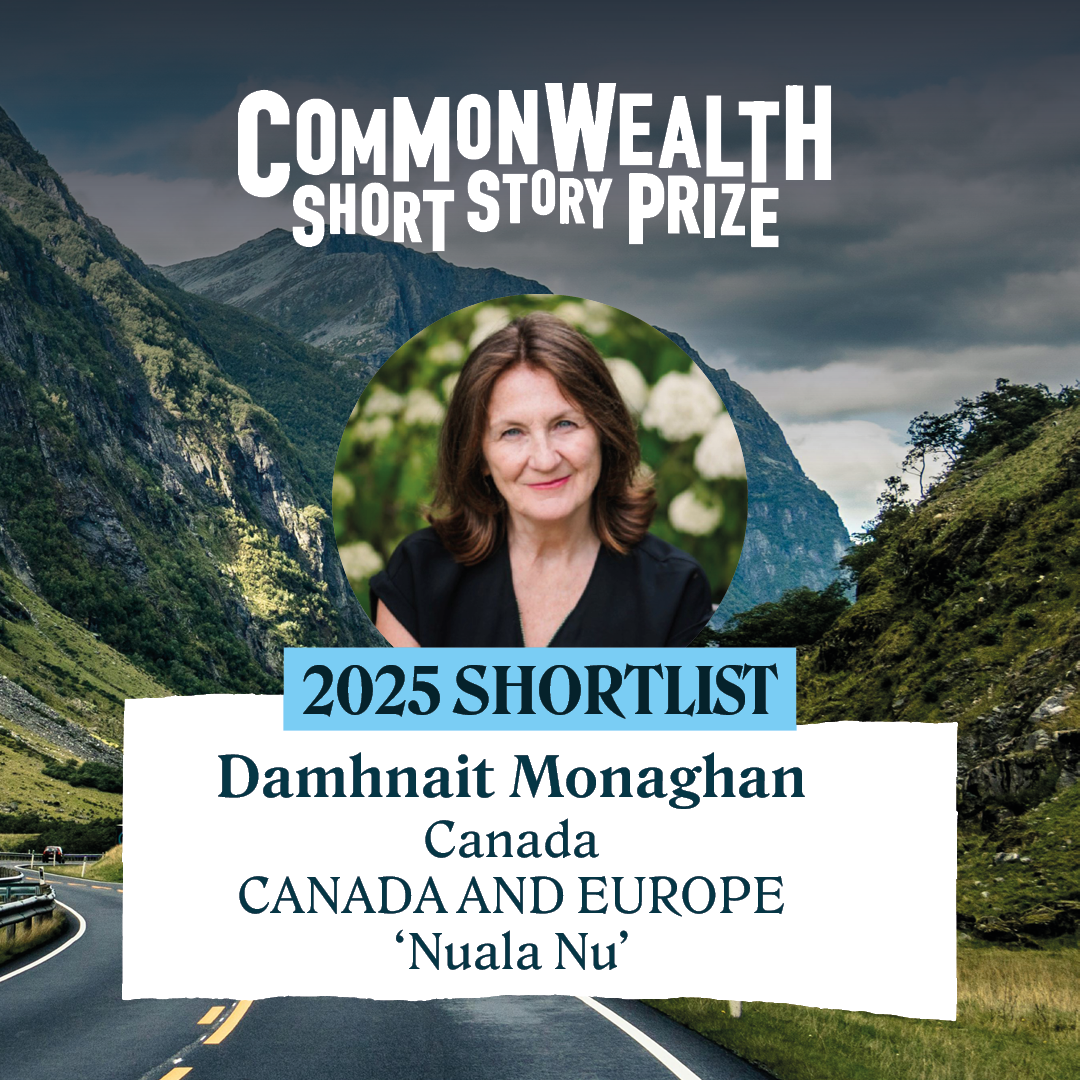 Photo of me, a white woman with dark brown hair, open face, smiling. This is my author photo and it is super-imposed onto a highway through mountains. Tezt says "2025 Shortlist. Damhnait Monaghan. Canada, Canada & Europe, 'Nuala Nu'