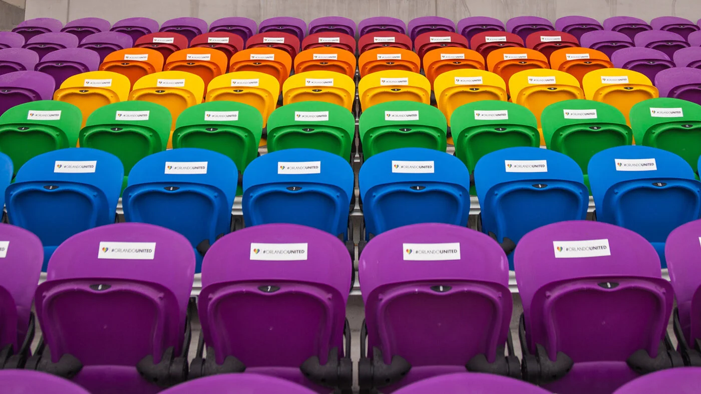 Stadium seats honoring 49 victims of the Pulse nightclub shooting at Orlando City