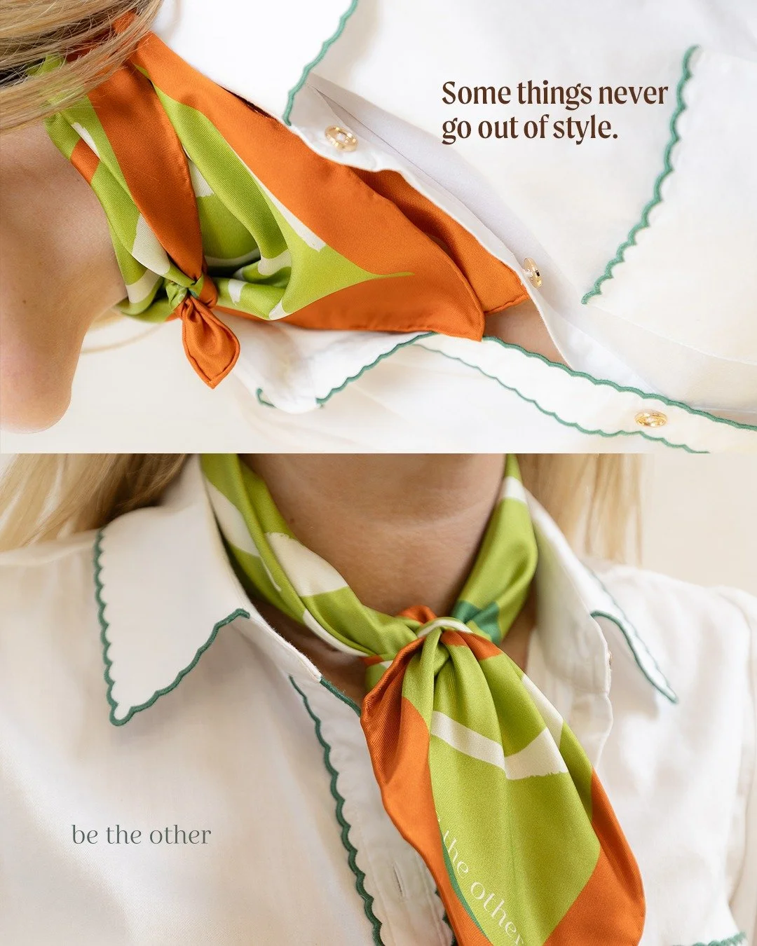 There&rsquo;s a reason some styling tricks keep coming back.

A classic scarf at the neck, but make it feel like you.

Classic or completely unexpected? Which is more your style?

Scarf Styling | Silk Scarf | Outfit Ideas | Personal Style | Wardrobe 