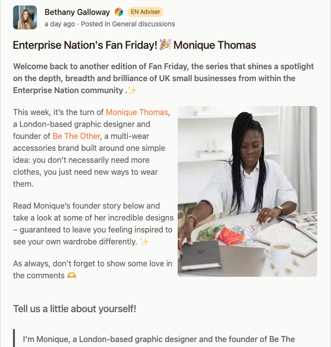 Enterprise Nation Fan Friday interview with Monique Thomas from Be The Other