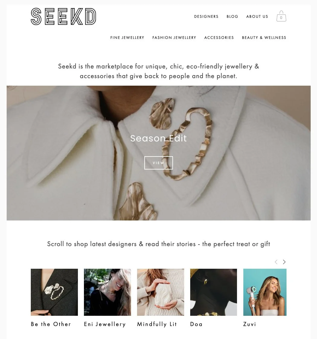 Seekd website homepage featuring sustainable jewelry and accessories with eco-friendly focus. Features include 'Season Edit' banner, categories like fine and fashion jewelry, and small images with names of designers such as Be the Other, Eni Jewellery, Mindfully Lit, Doa, and Zuvi.