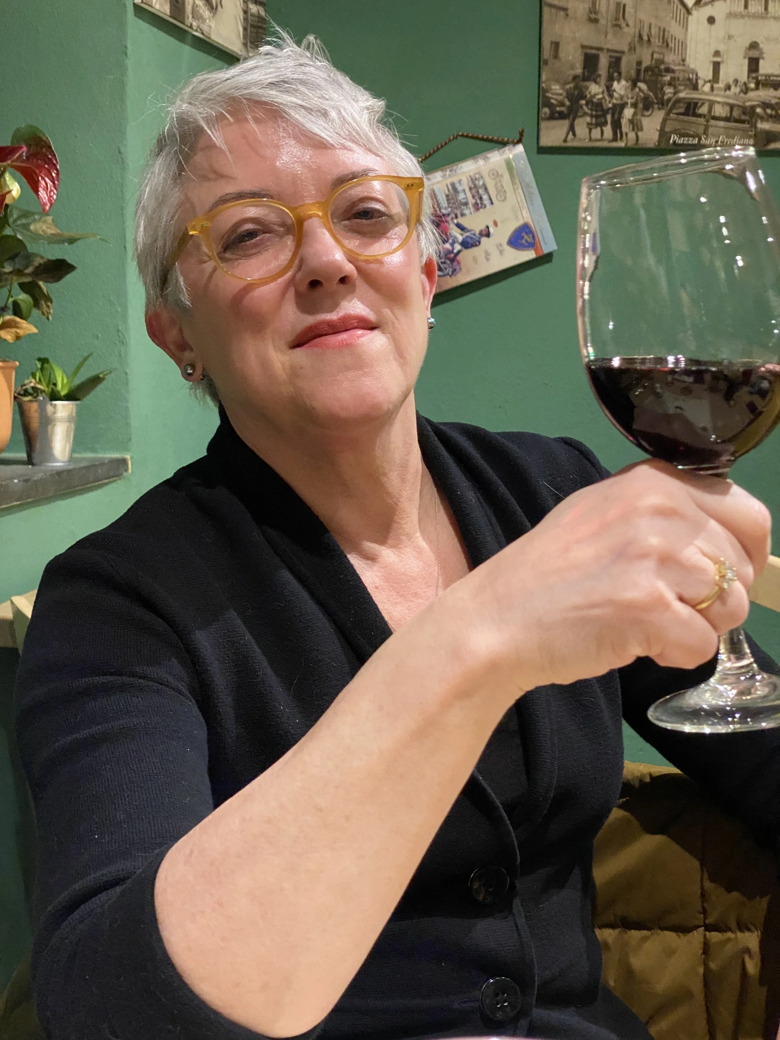   Dear Julia: This toast not only commemorates our time in the classroom, but to you fighting for our democracy. This is a mezzo litro of Sangiovese from the corner restaurant. Yummy! -T  