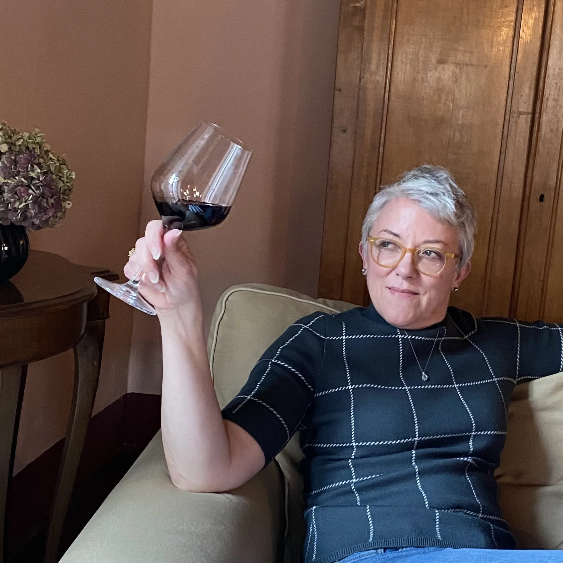   Dear Carol: Here’s a toast to you, fellow yogini and teacher. And in Italy, $48 goes a long way so I’ll be toasting you for awhile! -T  