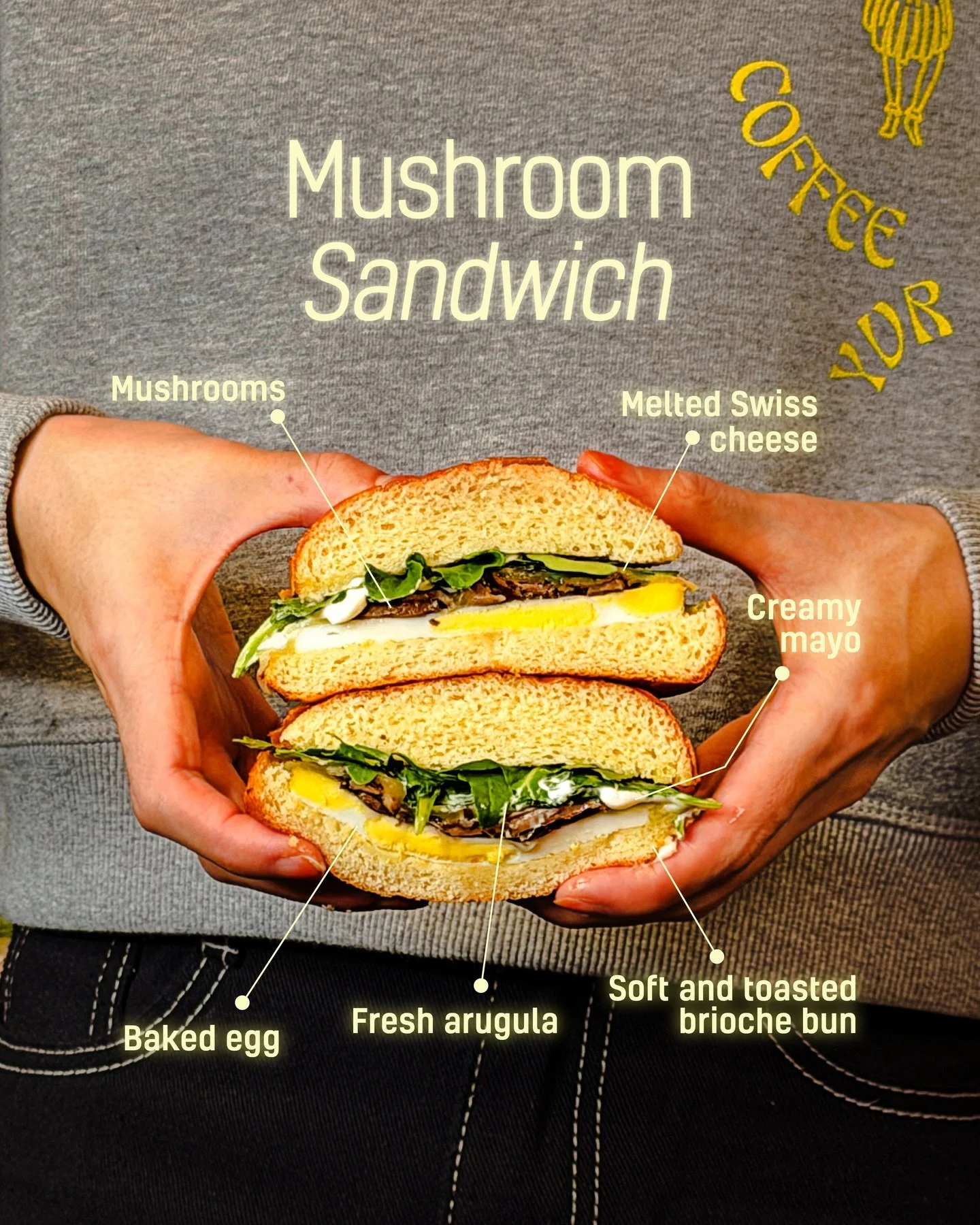 Our Mushroom Sandwich is warm, savory, and comforting.

Melted Swiss, baked egg, fresh arugula, mushrooms, creamy mayo, all in a soft toasted brioche bun. 

Simple ingredients, done right. 🌺