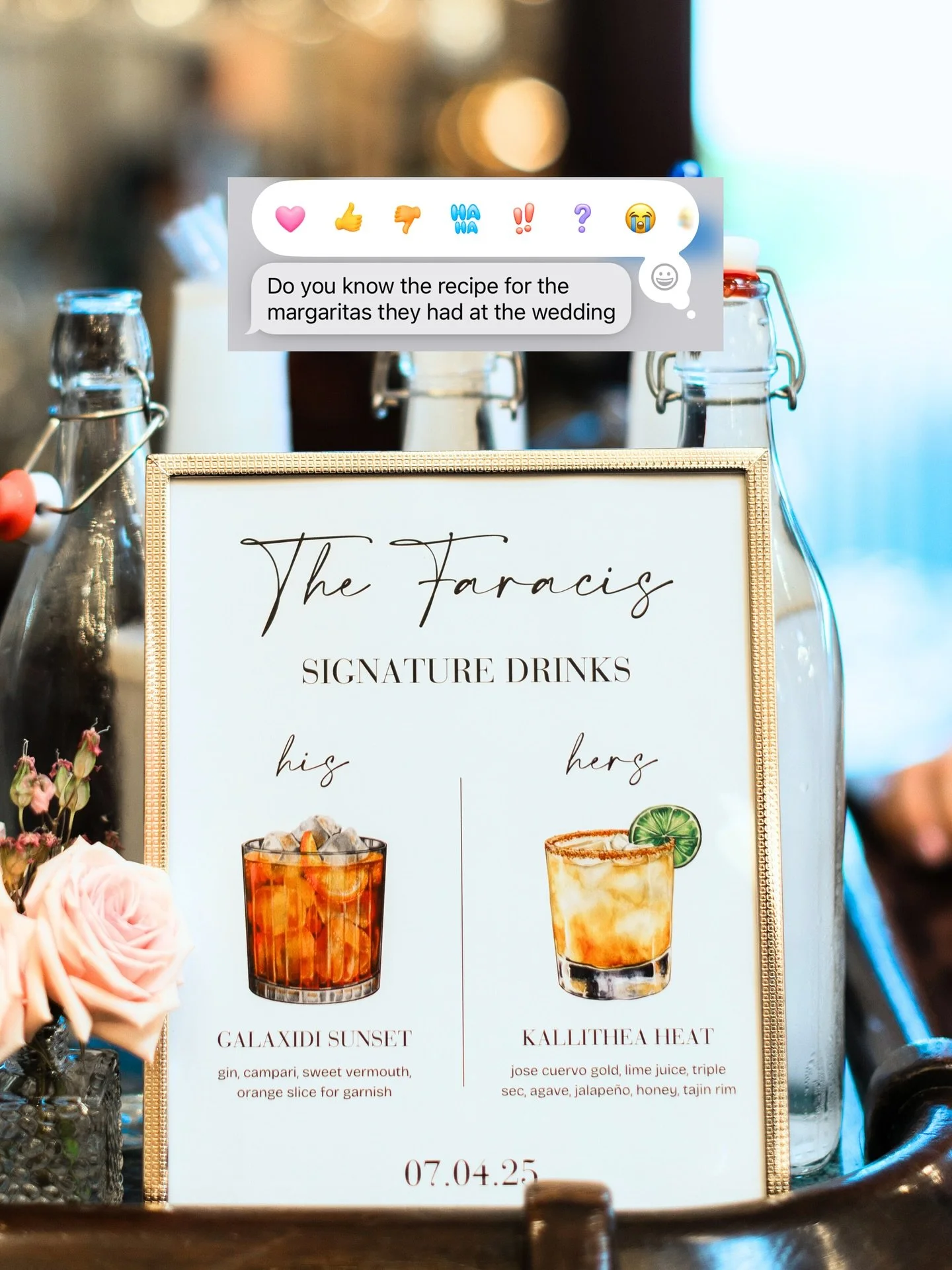the signature drinks from wedding day @giorgiosbaitinghollow for the Faracis ❤️&zwj;🔥

🌞Galaxidi Sunset: gin, campari, sweet vermouth, orange slice for garnish

🌶️Kallithea Heat: jose cuervo gold, lime juice, triple sec, agave, jalapa&ntilde;o, ho