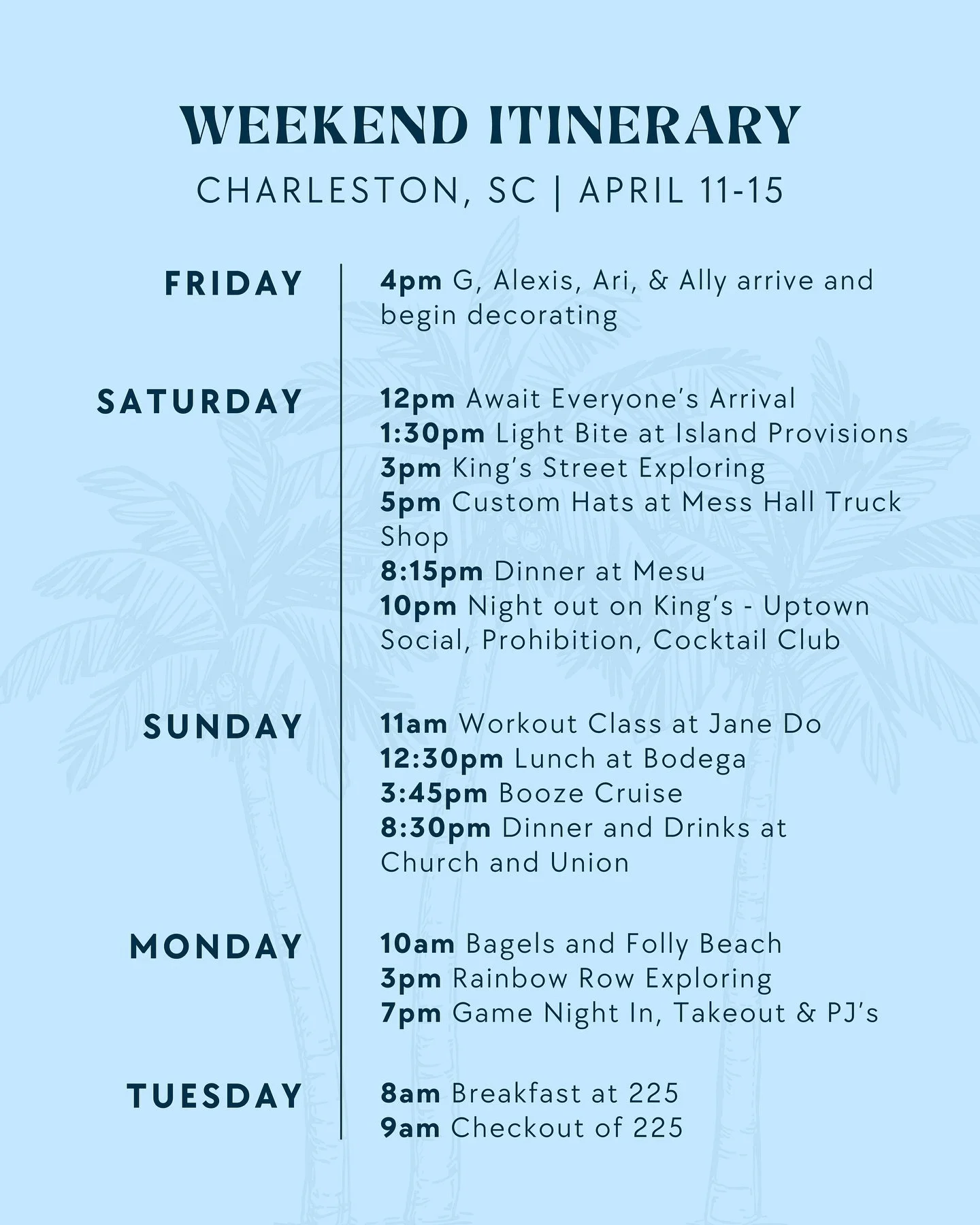 🩵the itinerary🩵 save and send to friends who are planning their bachelorette in Charleston 🌴#bachelorette #bride #bridetobride #charleston #southcarolina