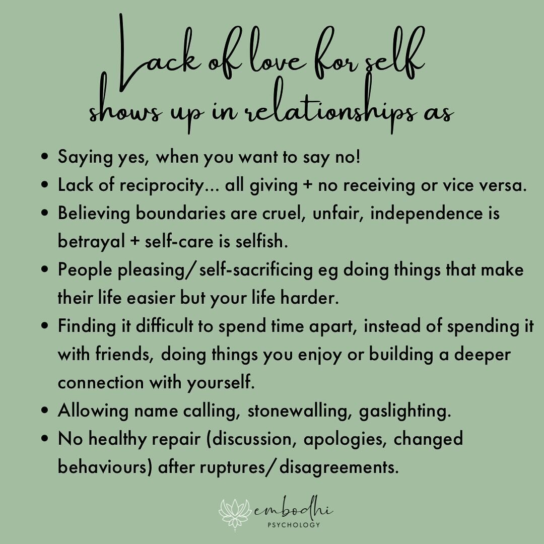 If you recognise these patterns/behaviours please do so with gentle self-compassion, acknowledging the trauma + earlier relational experiences that may have contributed to this lack of love for self. By exploring the origins + identifying the root ca