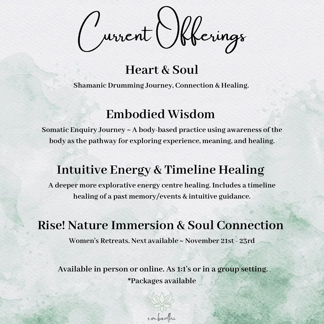 New offerings available ~ Sessions are held within a Medicine Wheel* Which is sacred space, offering a clean energetic container, supported by Spirit. These offerings are deeply inspired by my trainings and teachings with mentor, Sharon Bolt. 
🪶
*Em