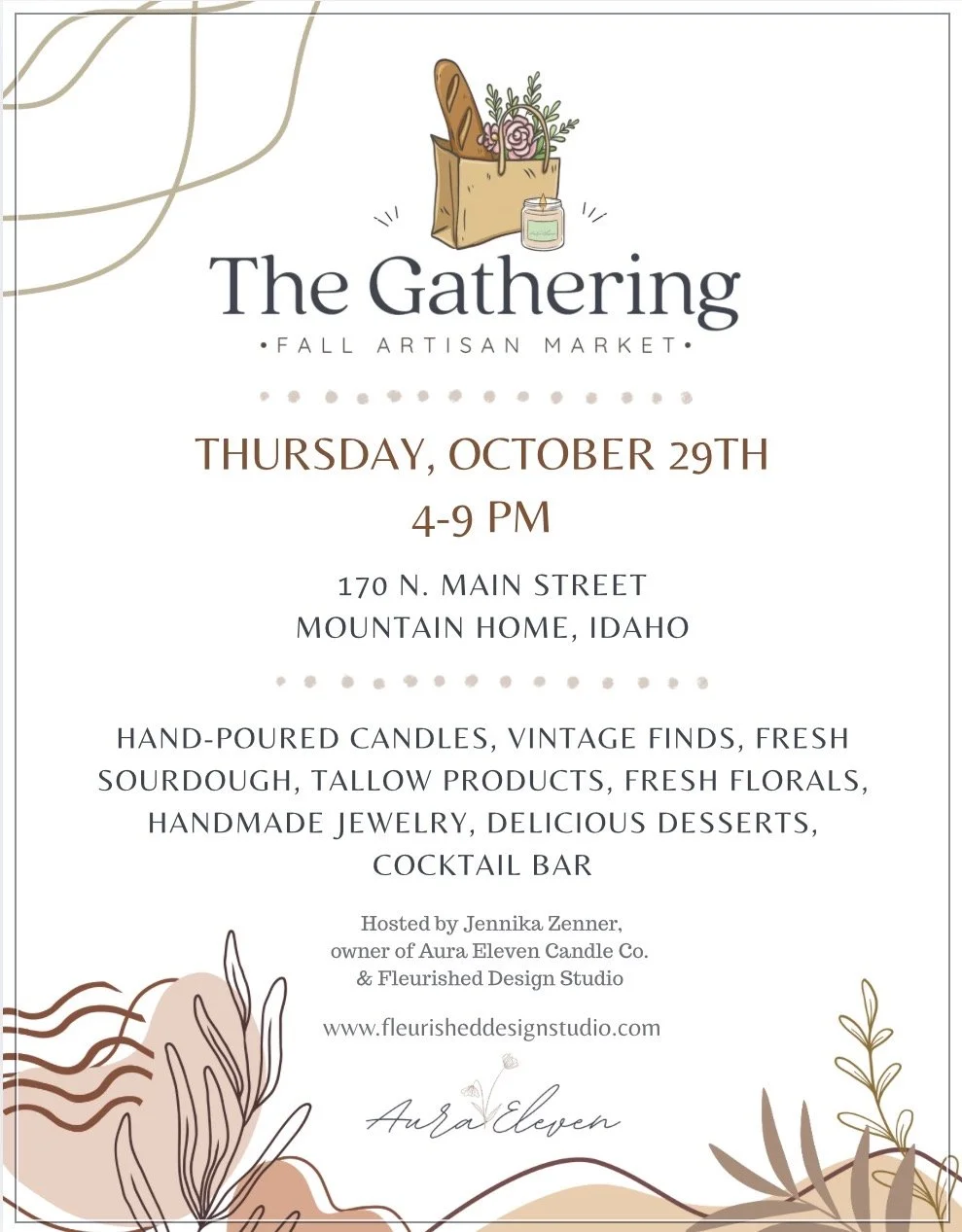 Event flyer for The Gathering Fall Artisan Market on October 29th from 4 to 9 PM at 170 N. Main Street, Mountain Home, Idaho. Features candles, vintage finds, baked goods, floral arrangements, handmade jewelry, desserts, and a cocktail bar. Includes floral illustrations and event details.