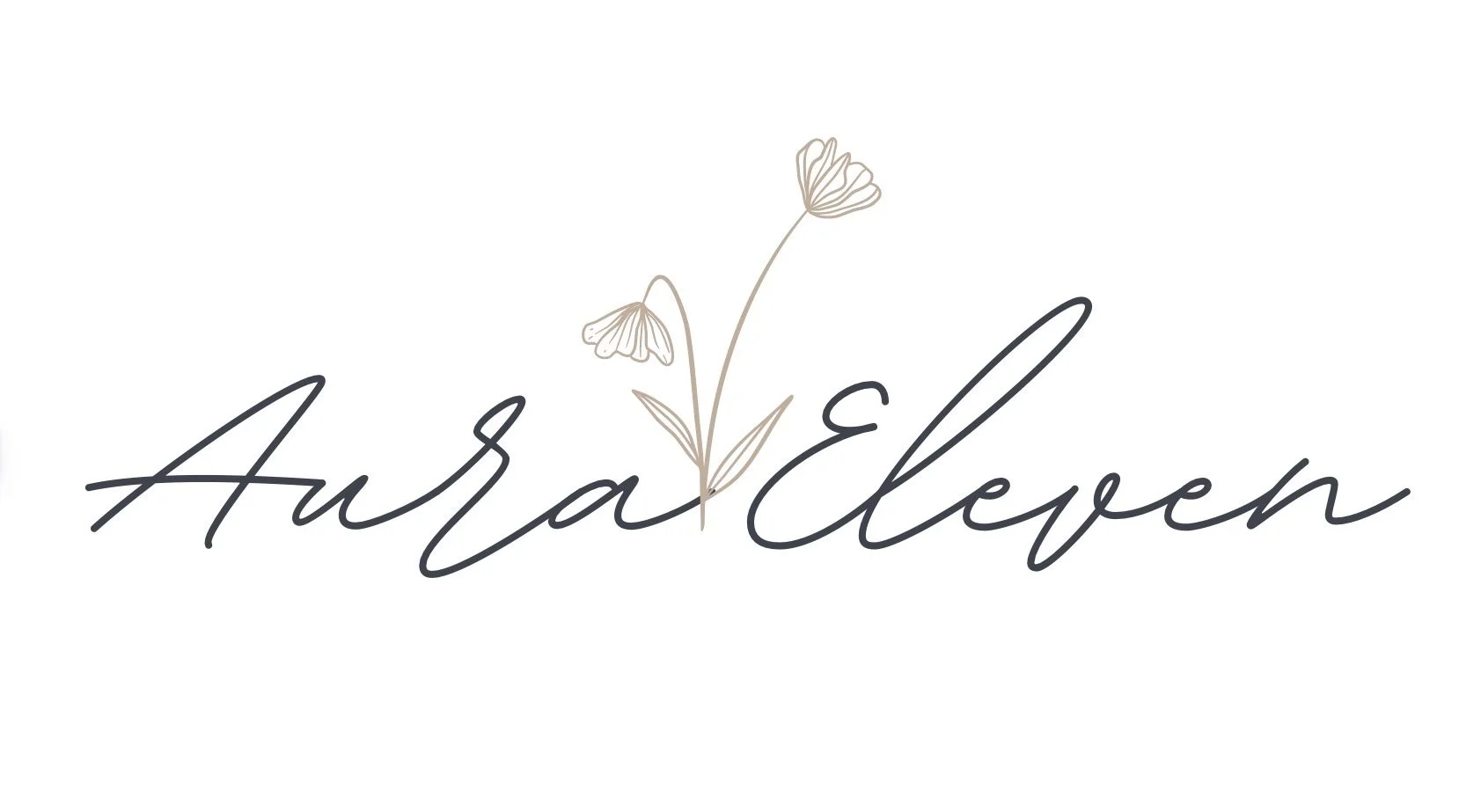 A minimalist logo with the text "Aura Eleven" in elegant, flowing black script. Above the text, there are two delicate line-drawn flowers in beige, one slightly larger and taller than the other.