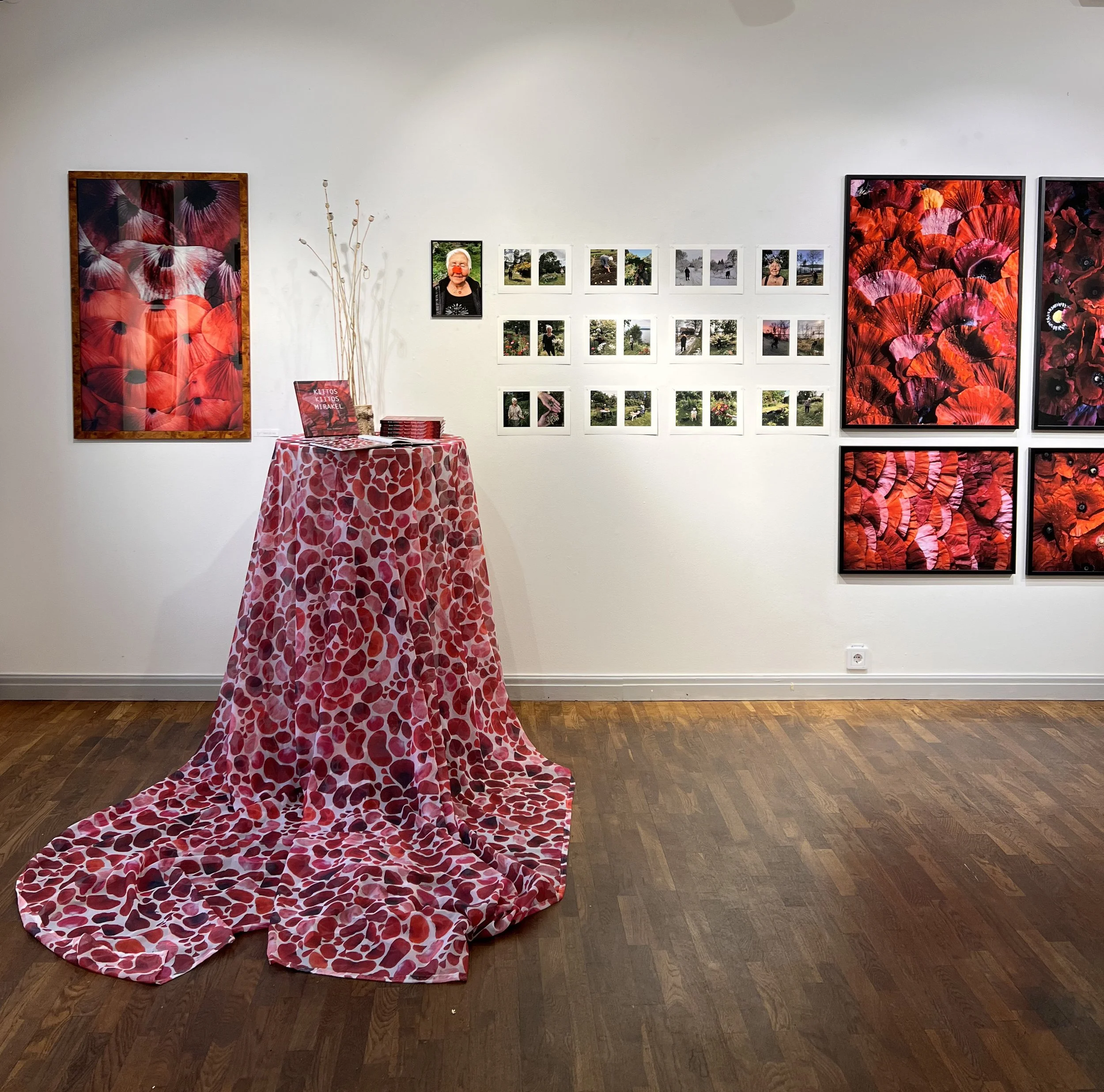  Dokumentation från utställningen. Från höger Ett täcke av tröst, Tyg “Vallmo” eget mönster på Viole. Vallmo mummo (mamma) Bildserie från trädgården. Vallmo täcke. 