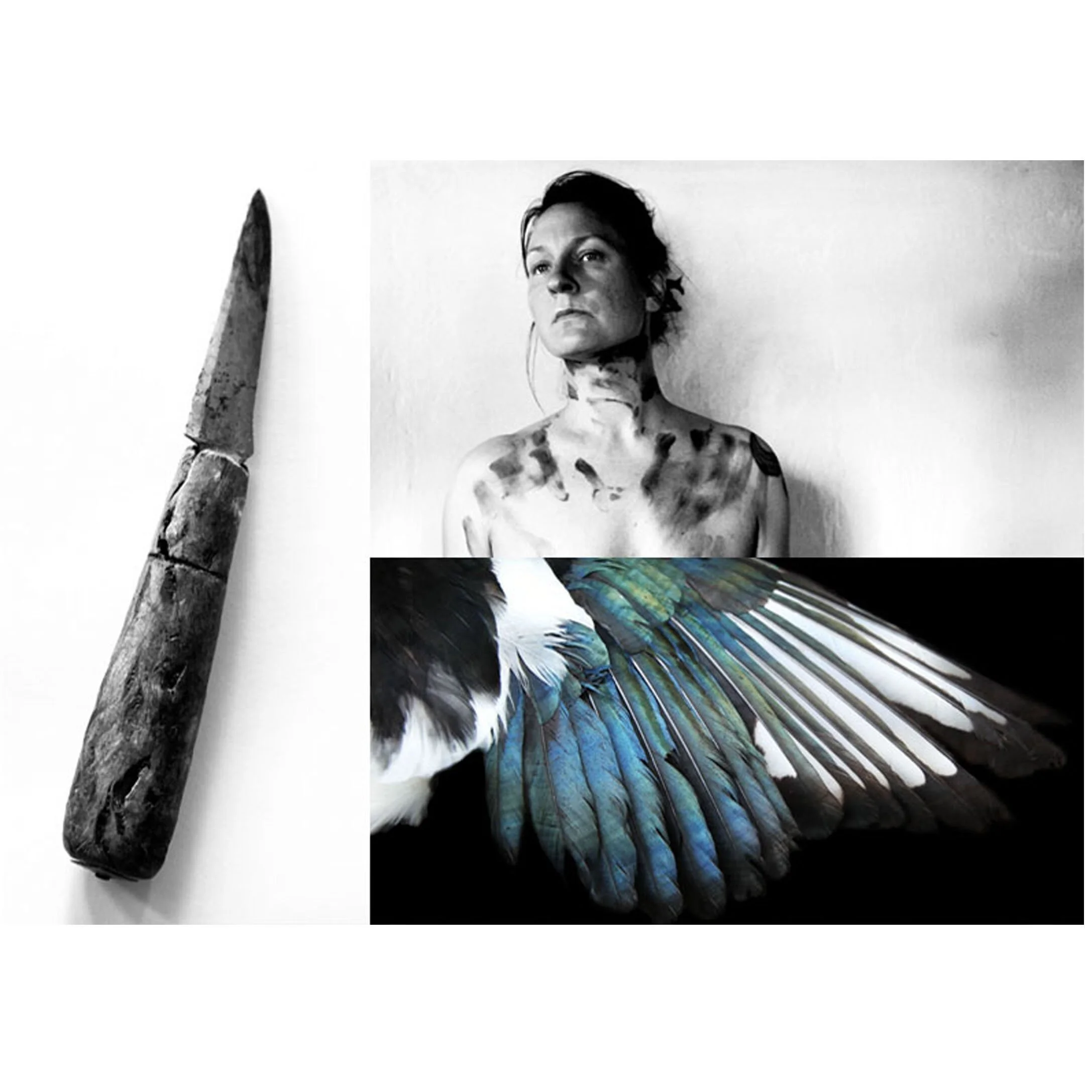 självporträtt av konstnär, kollage med fågelvinge och kniv