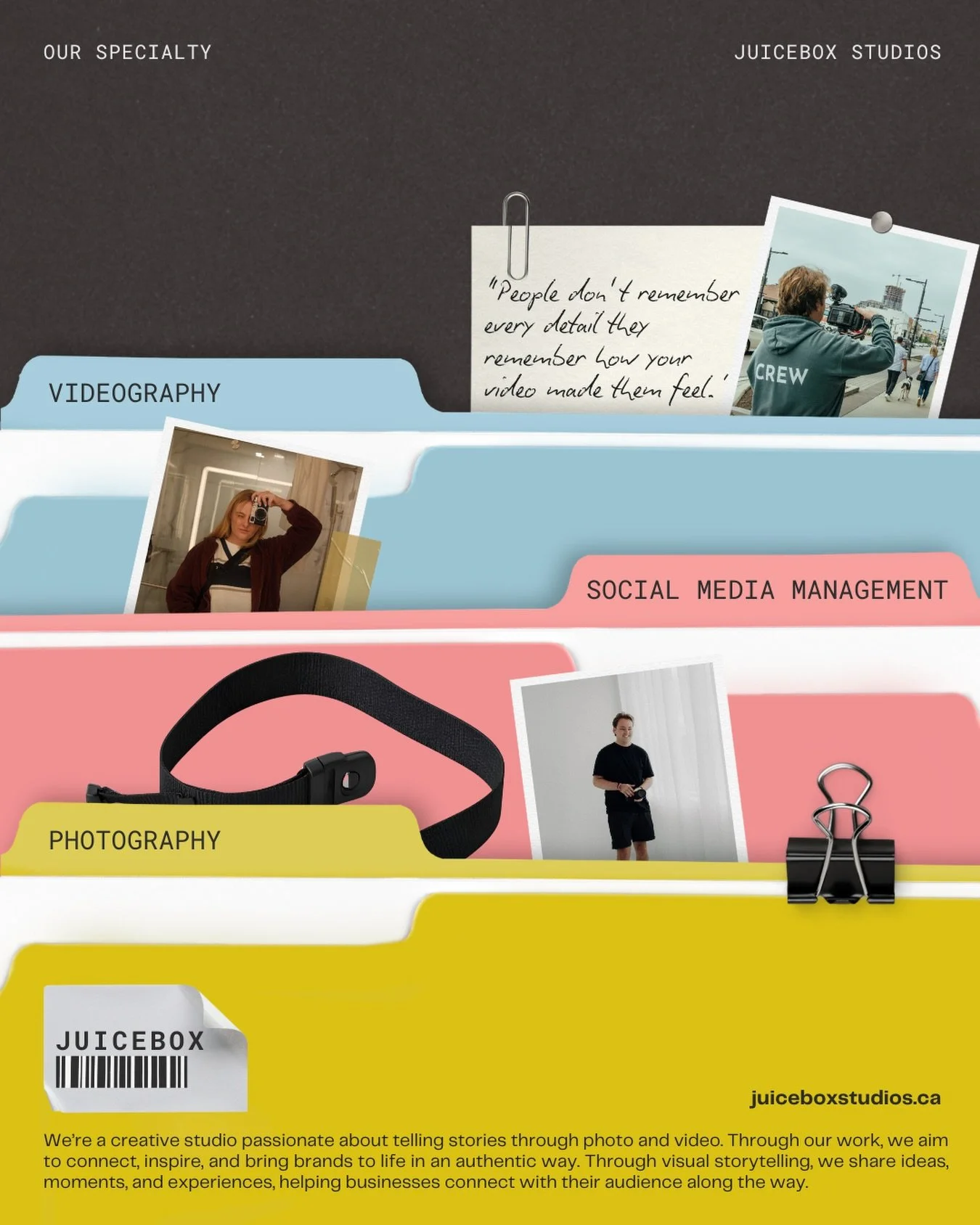 Video. Photo. Social.
All in one place 🤝

We help brands show up clearly and consistently, without juggling a million creatives or guessing what to post next.

From intentional video shoots to scroll-stopping photos to social content that actually f