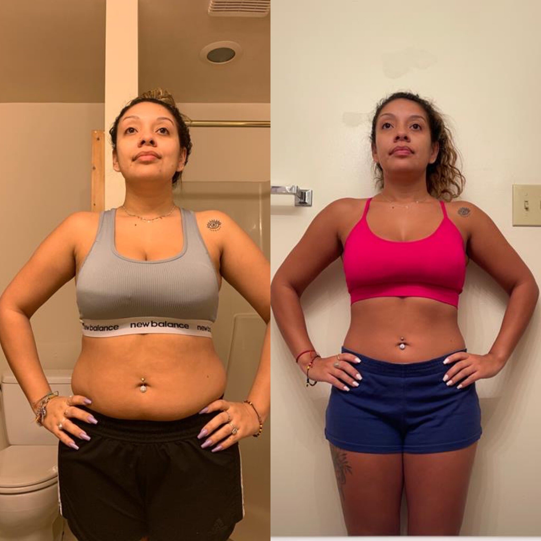 Before and after fitness transformation of a woman wearing sports bras and shorts.
