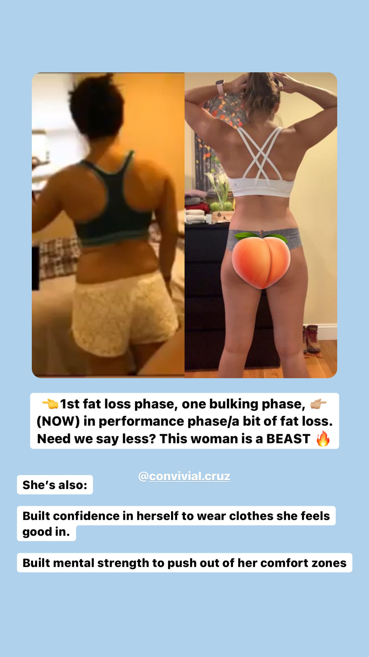 Transformation photo showing two images of a woman from behind, demonstrating fitness progress with text about fat loss and muscle gain phases. Includes motivational text highlighting her confidence and mental strength.