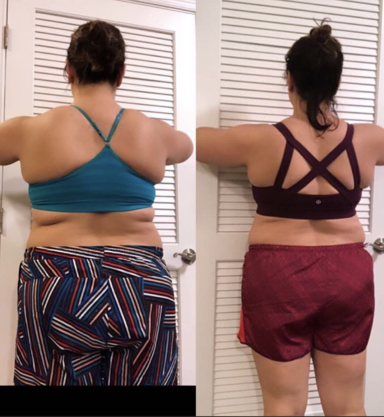 Before and after weight loss comparison of a woman's back view in different outfits, showing reduced body fat.