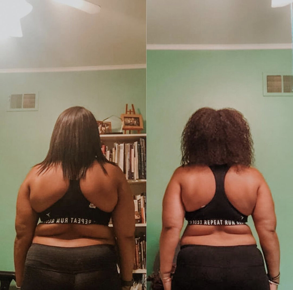 Side-by-side photos of a person from behind, showing different hairstyles and a workout outfit, in a room with a bookcase and green walls.