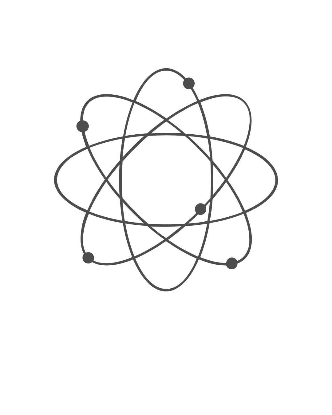 Simplified illustration of an atom with electrons orbiting around a nucleus on a black background.