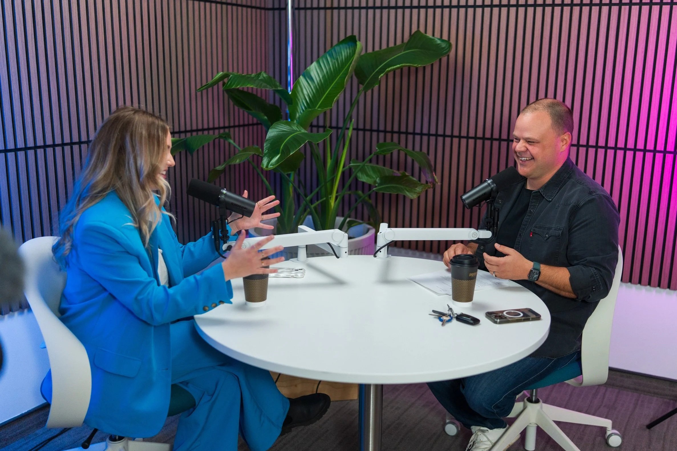 Photograph of Matt Ramage and Olivia Bell during the recording of The Studio D Podcast.