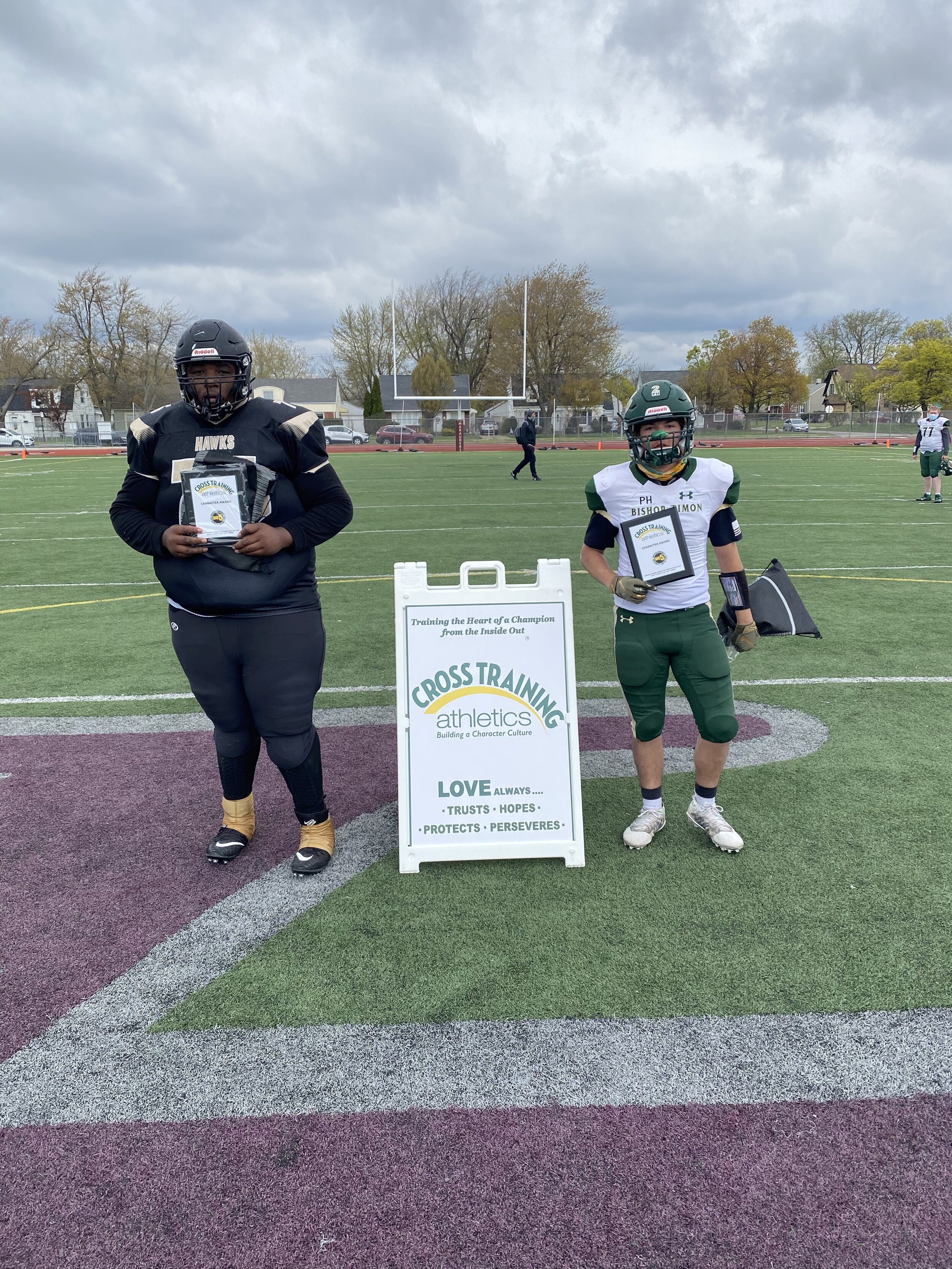Photo Left (#75 David Motten |OL/DL - O'Hara), Photo Right (#28 James Scungio |10|WR/DB - Bishop Timon)
